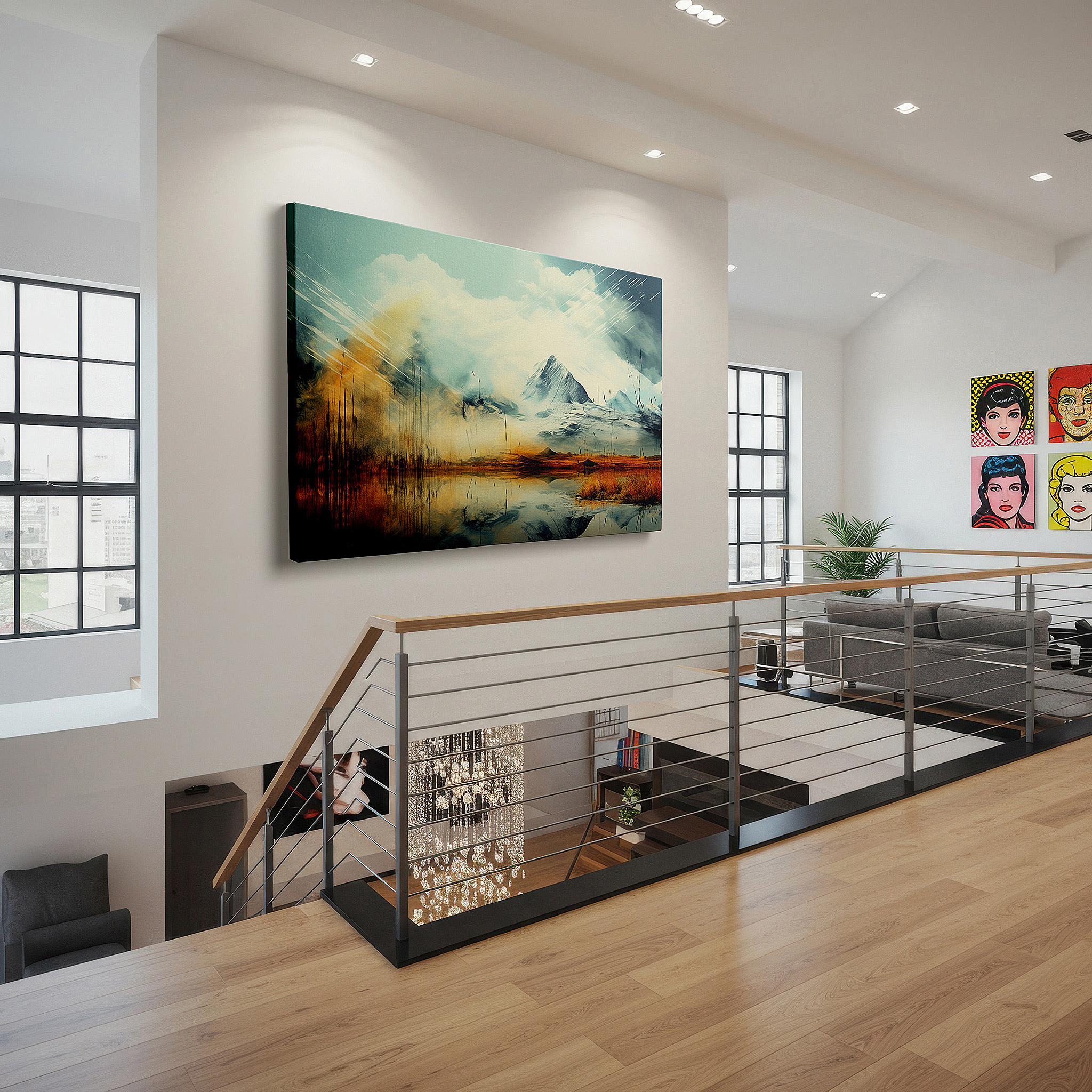 Hung in a cozy reading nook beside a floor lamp and bookshelf — mountain reflections and vibrant foliage wall art: large canvas for home and office decor