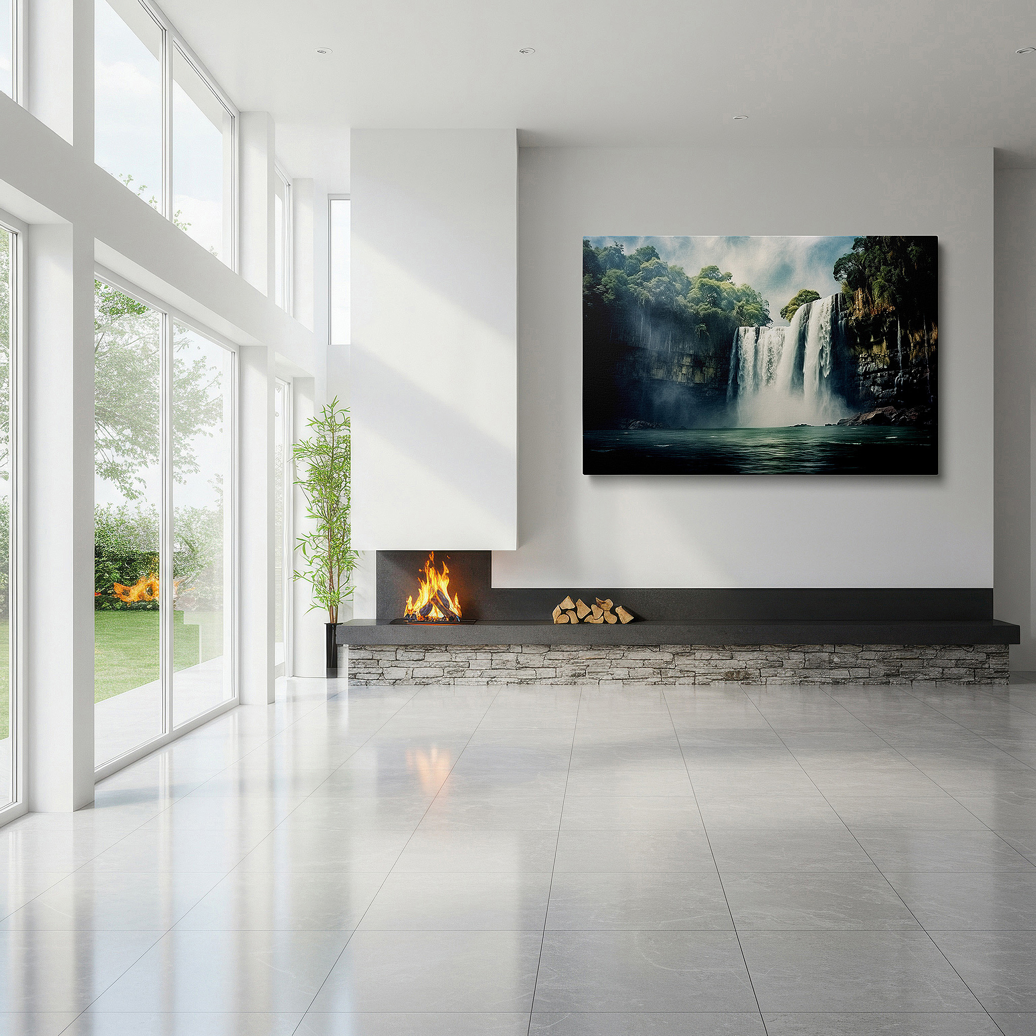 Hung in a cozy reading nook beside a floor lamp and bookshelf — mystical waterfall in mist - serene nature sanctuary timeless beauty large wall art, canvas wall art, wall decor for office and bedroom