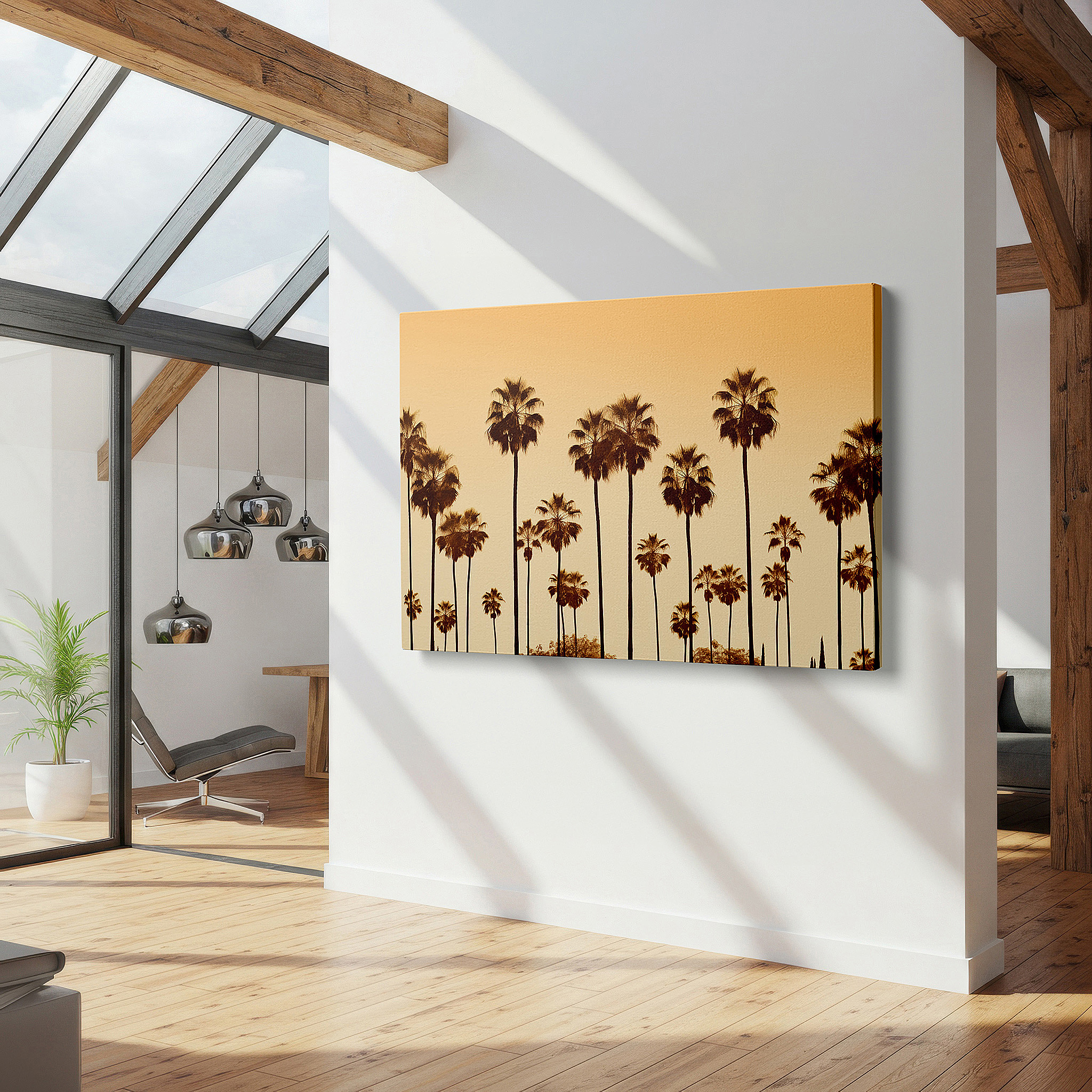 Hung in a cozy reading nook beside a floor lamp and bookshelf — palm trees silhouetted against a golden-orange sky, tranquil tropical escape large wall art, canvas wall art, wall decor for office and bedroom