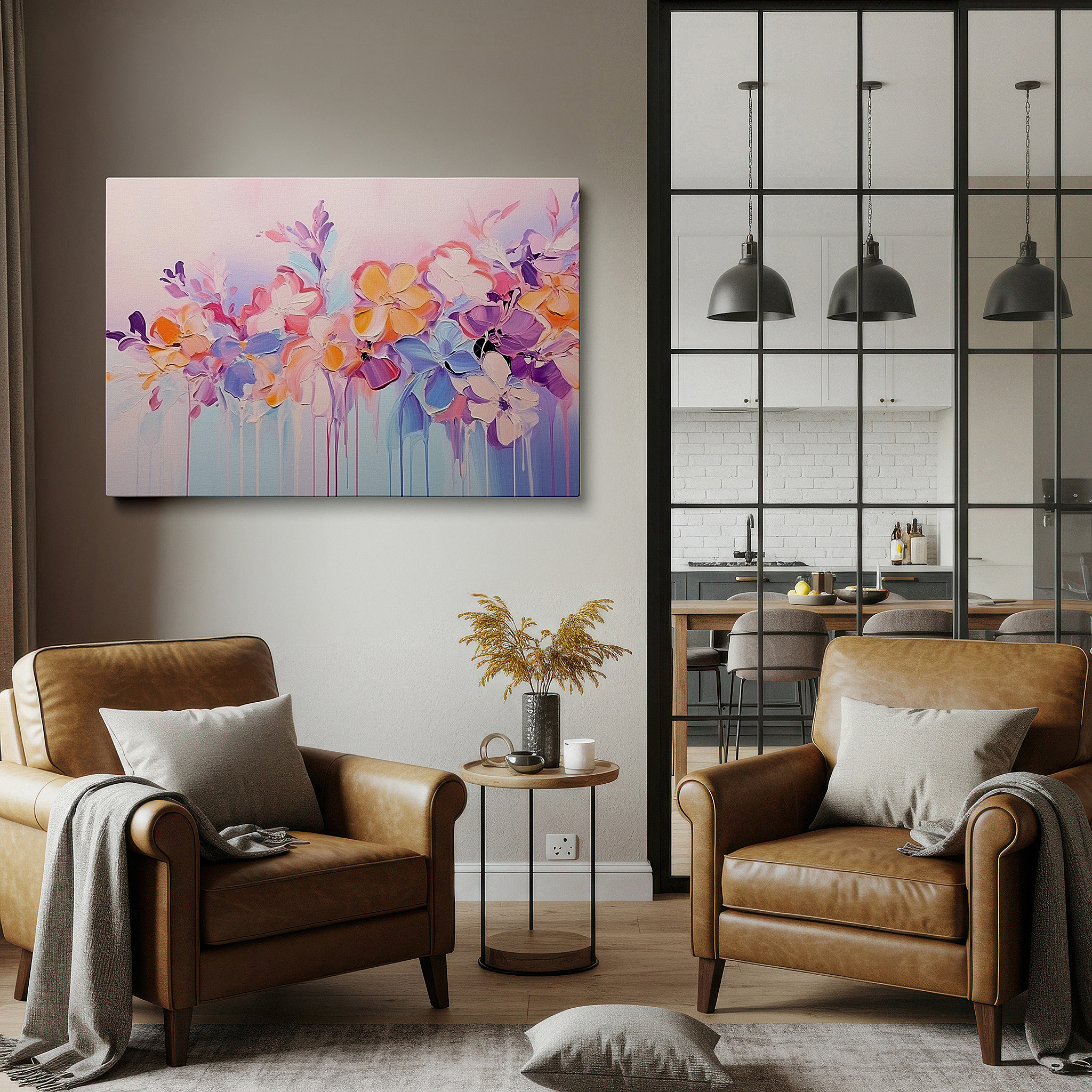 Hung in a cozy reading nook beside a floor lamp and bookshelf — pastel floral symphony: tranquil and dreamy large wall art for serene spaces - ideal for office and bedroom decor