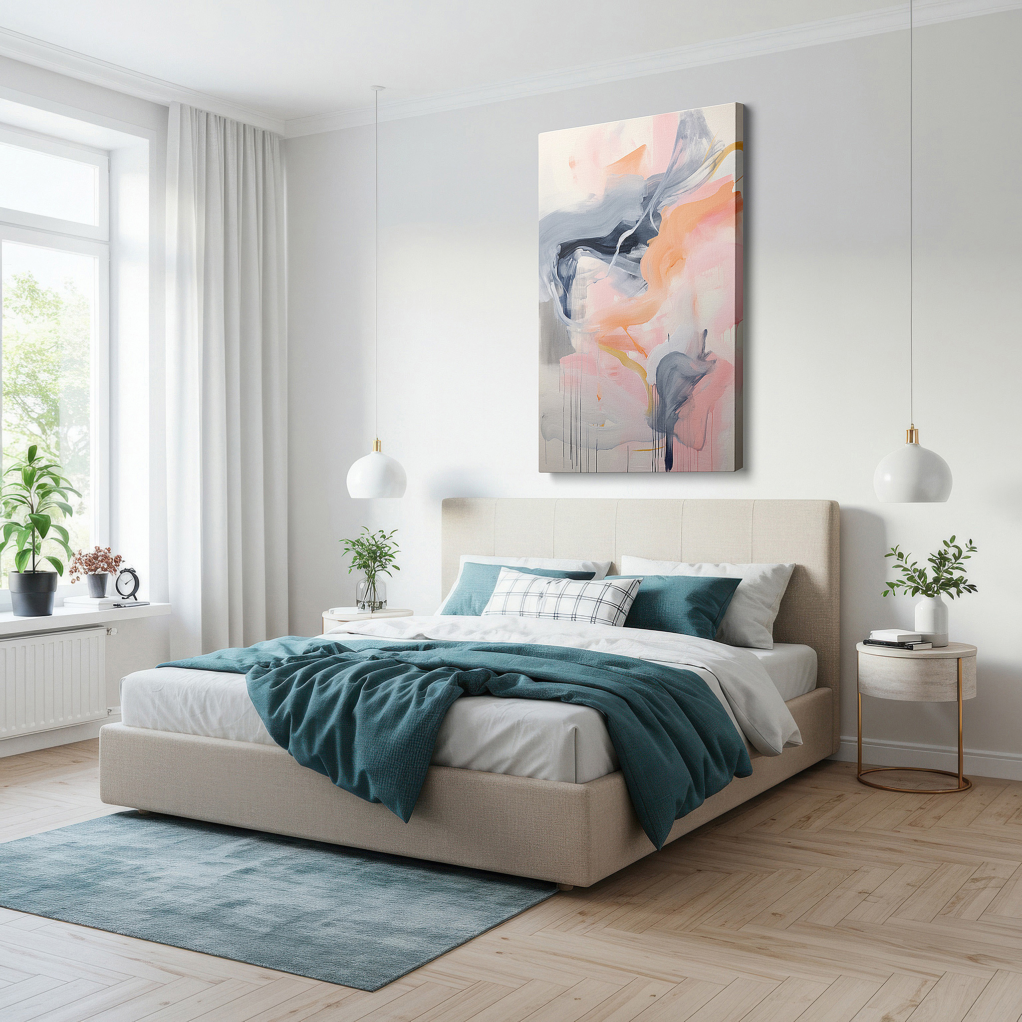 Hung in a cozy reading nook beside a floor lamp and bookshelf — pastel serenity symphony: dreamy pinks, blues, and grays - calming and inspiring large wall art, canvas decor for office walls