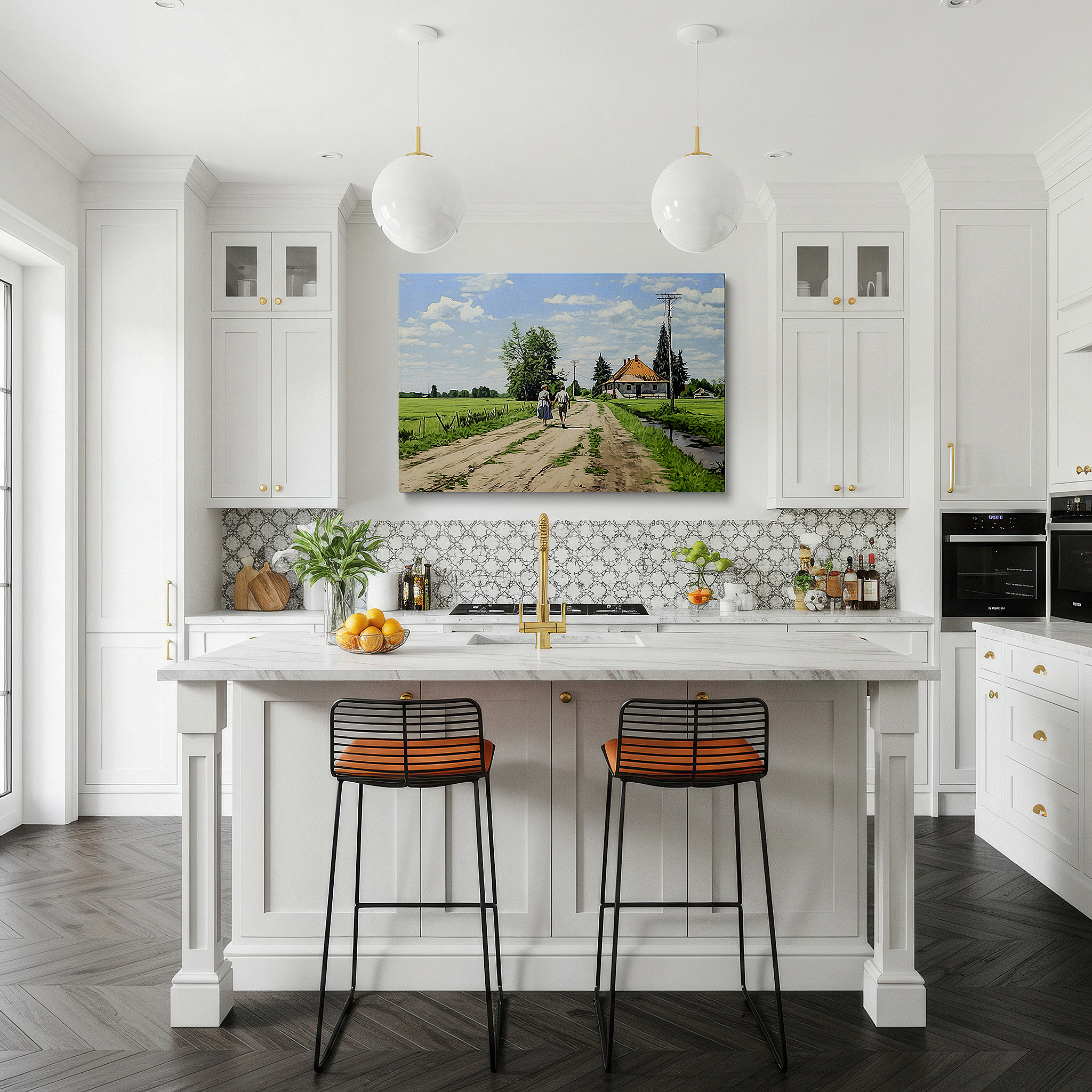 Hung in a cozy reading nook beside a floor lamp and bookshelf — peaceful walk through nature's mosaic, celebrating friendship beneath the expansive blue sky - large wall art, canvas wall art, wall decor for office