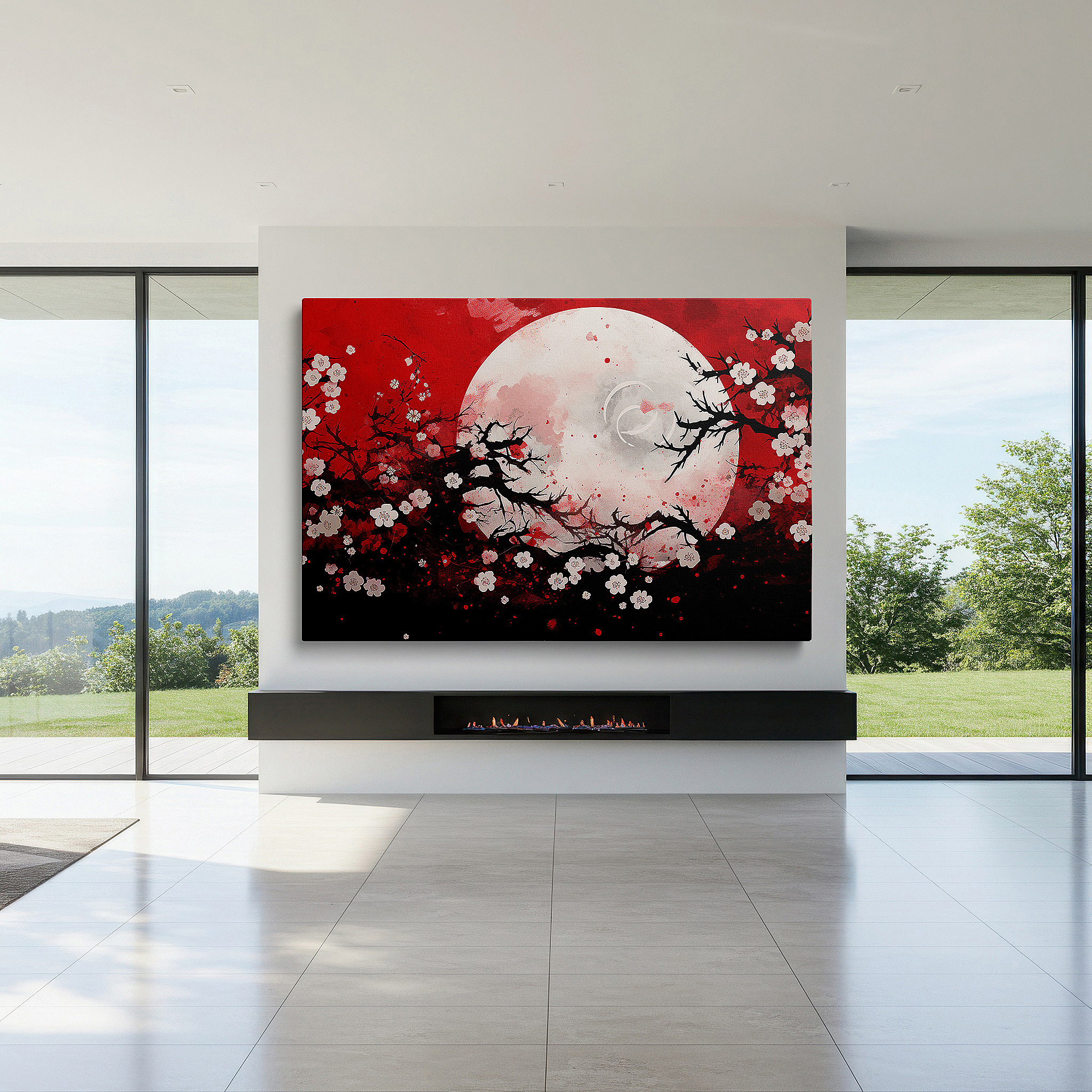 Hung in a cozy reading nook beside a floor lamp and bookshelf — red landscape with glowing moon and cherry blossoms - a captivating mix of passion and peace large wall art, canvas wall art, wall art