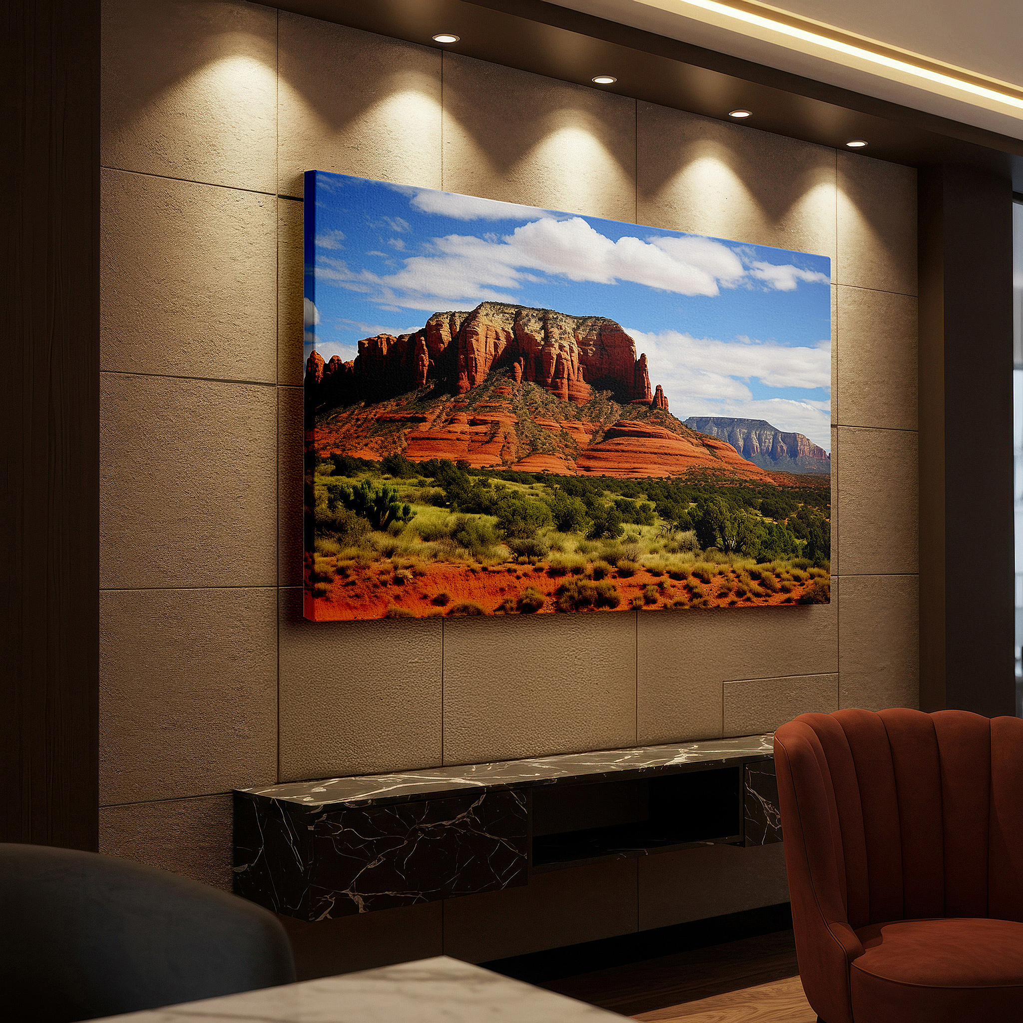 Hung in a cozy reading nook beside a floor lamp and bookshelf — red rocks rising majestically against a bright blue sky: a celebration of nature's beauty - large canvas wall art for home and office decor