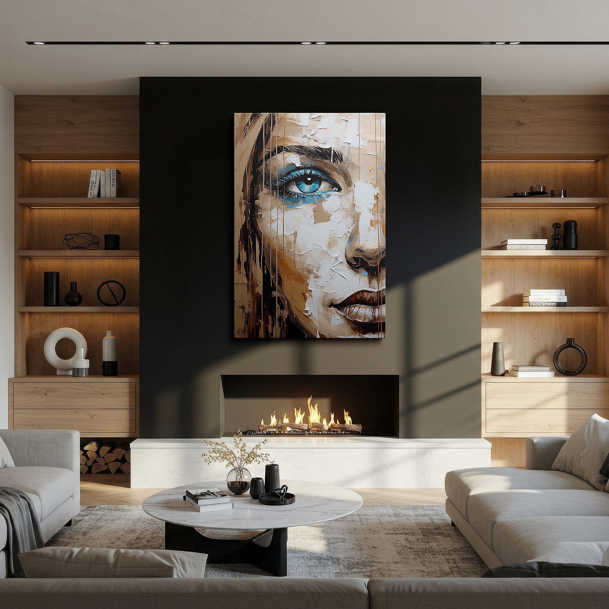 Hung in a cozy reading nook beside a floor lamp and bookshelf — resilient intimacy: masterfully expressing human emotion and beauty - large wall art, canvas wall art, wall decor for office