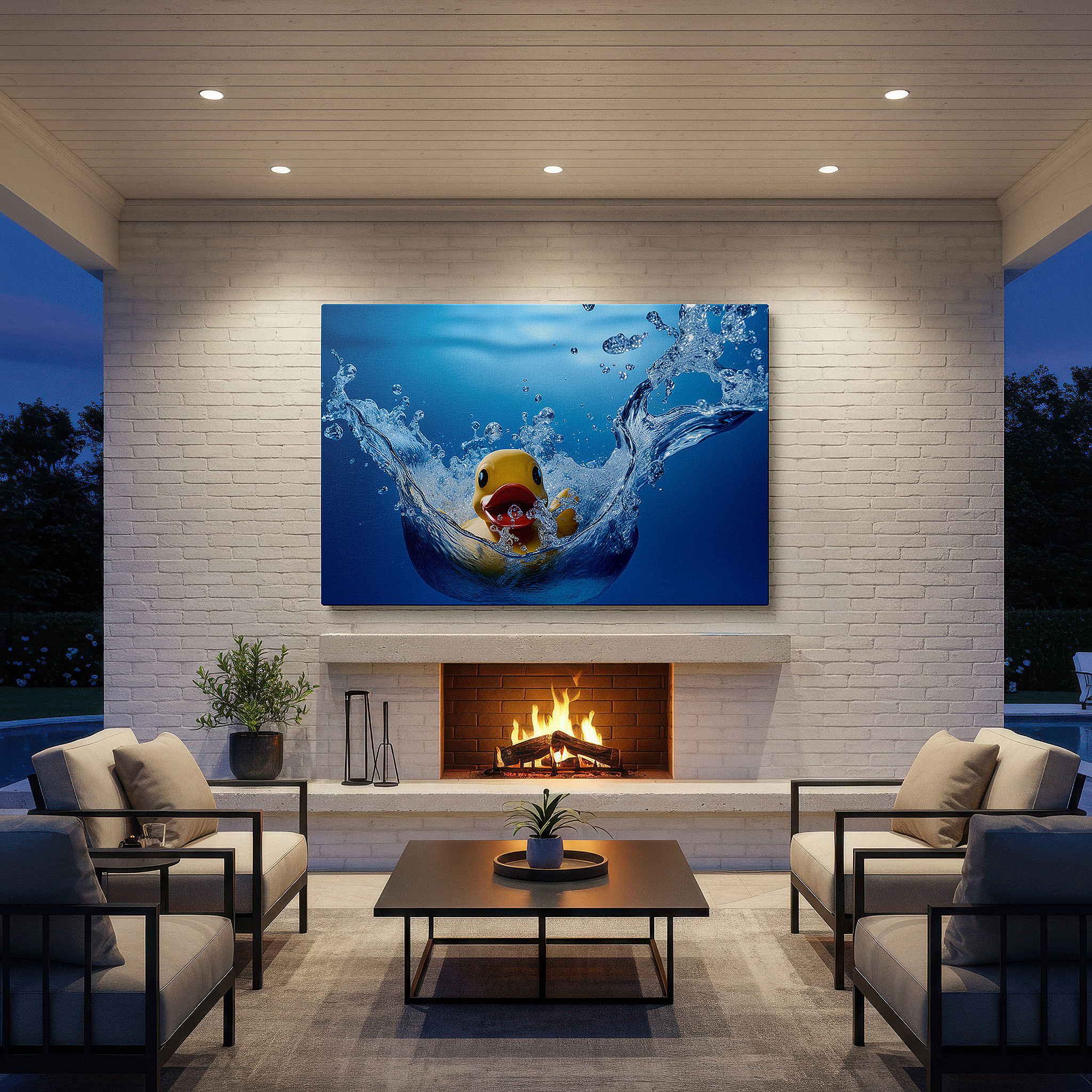 Hung in a cozy reading nook beside a floor lamp and bookshelf — rubber duck wall art: dive into joy with a playful rubber duck in crystal-clear waters - large canvas art for home and office decor