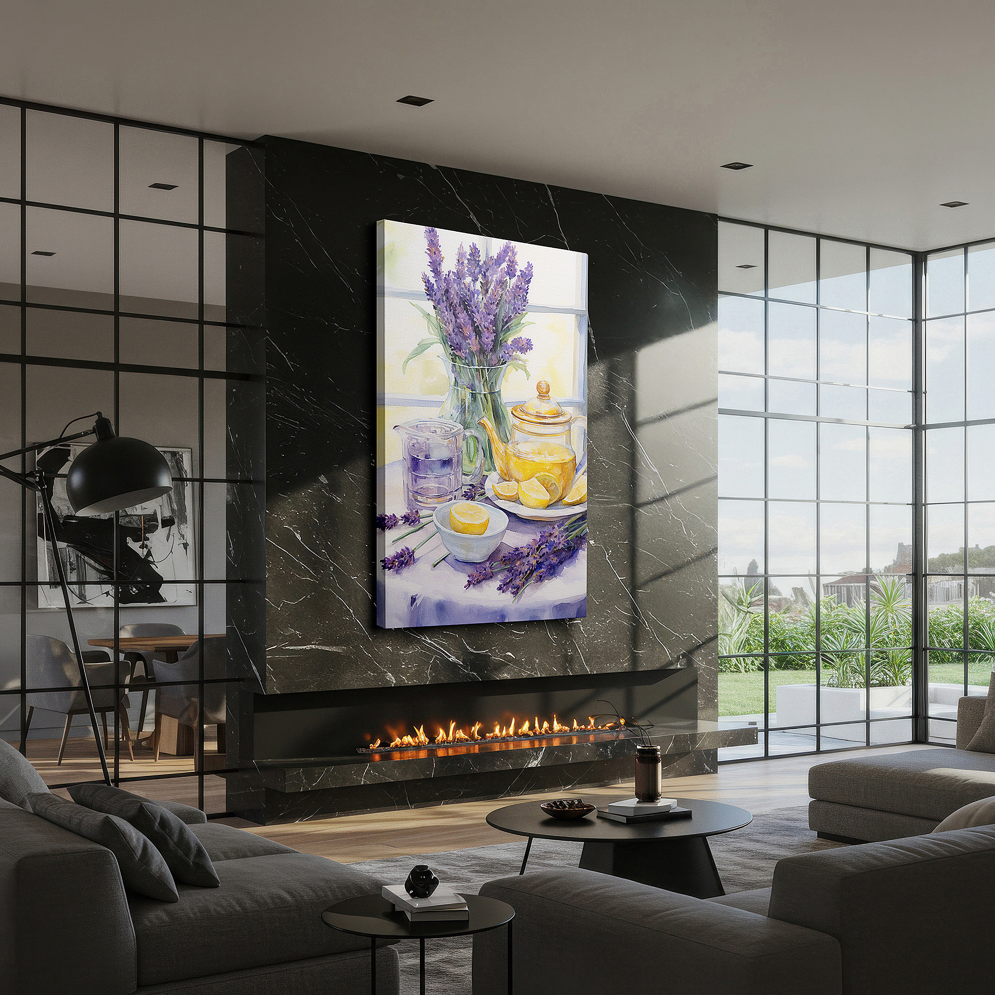 Hung in a cozy reading nook beside a floor lamp and bookshelf — serene afternoon wall art: tea, lemons, and lavender in sunlit elegance - large canvas decor for office and bedroom