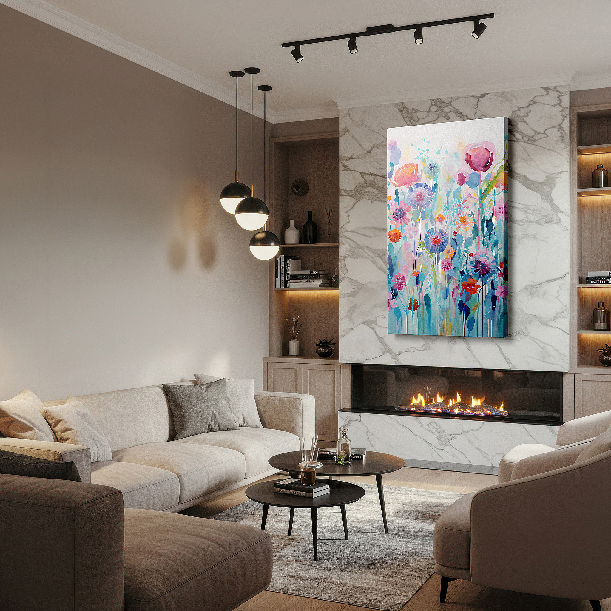 Hung in a cozy reading nook beside a floor lamp and bookshelf — serene blossom field in soft pastels: a tranquil, dreamlike escape - large wall art for bedrooms and offices
