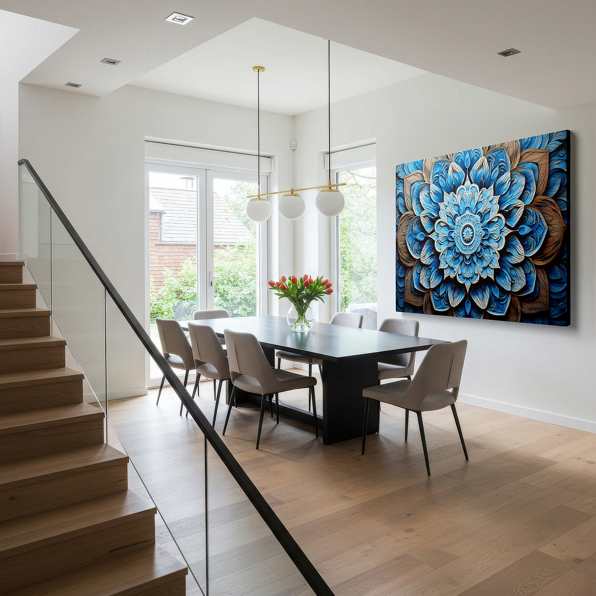 Hung in a cozy reading nook beside a floor lamp and bookshelf — serene blue floral wood carving wall art: a tranquil harmony in artistic craftsmanship - large canvas wall decor for office and bedroom