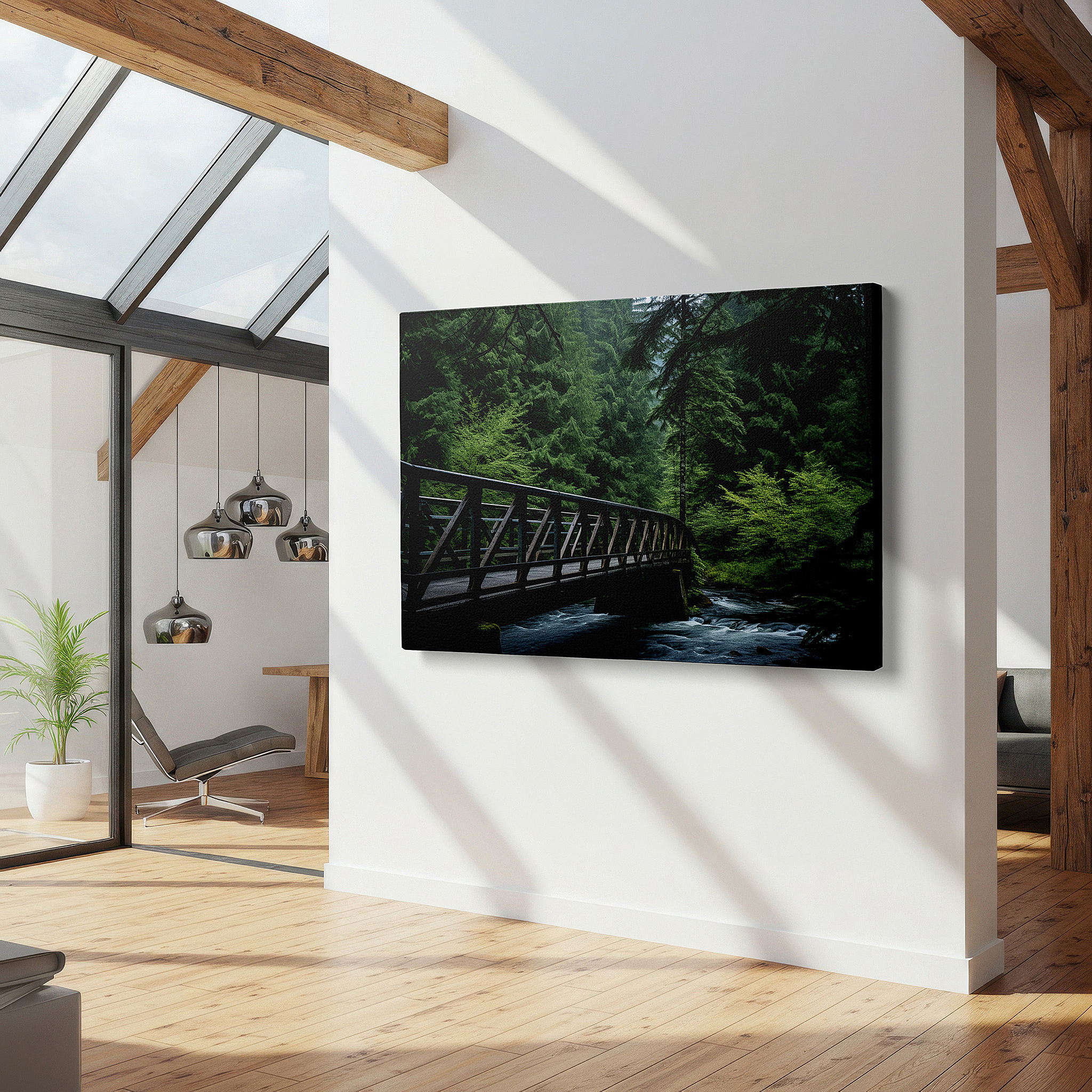Hung in a cozy reading nook beside a floor lamp and bookshelf — serene bridge over calm stream surrounded by verdant foliage large wall art, canvas wall art, wall decor for office, bedroom, and living room