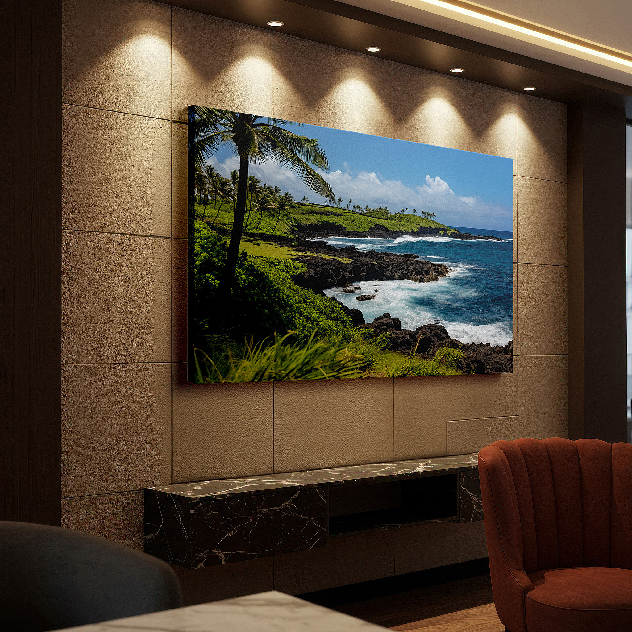 Hung in a cozy reading nook beside a floor lamp and bookshelf — serene coastal scene with lush green hills and vibrant turquoise ocean waves, large canvas wall art for home and office decor