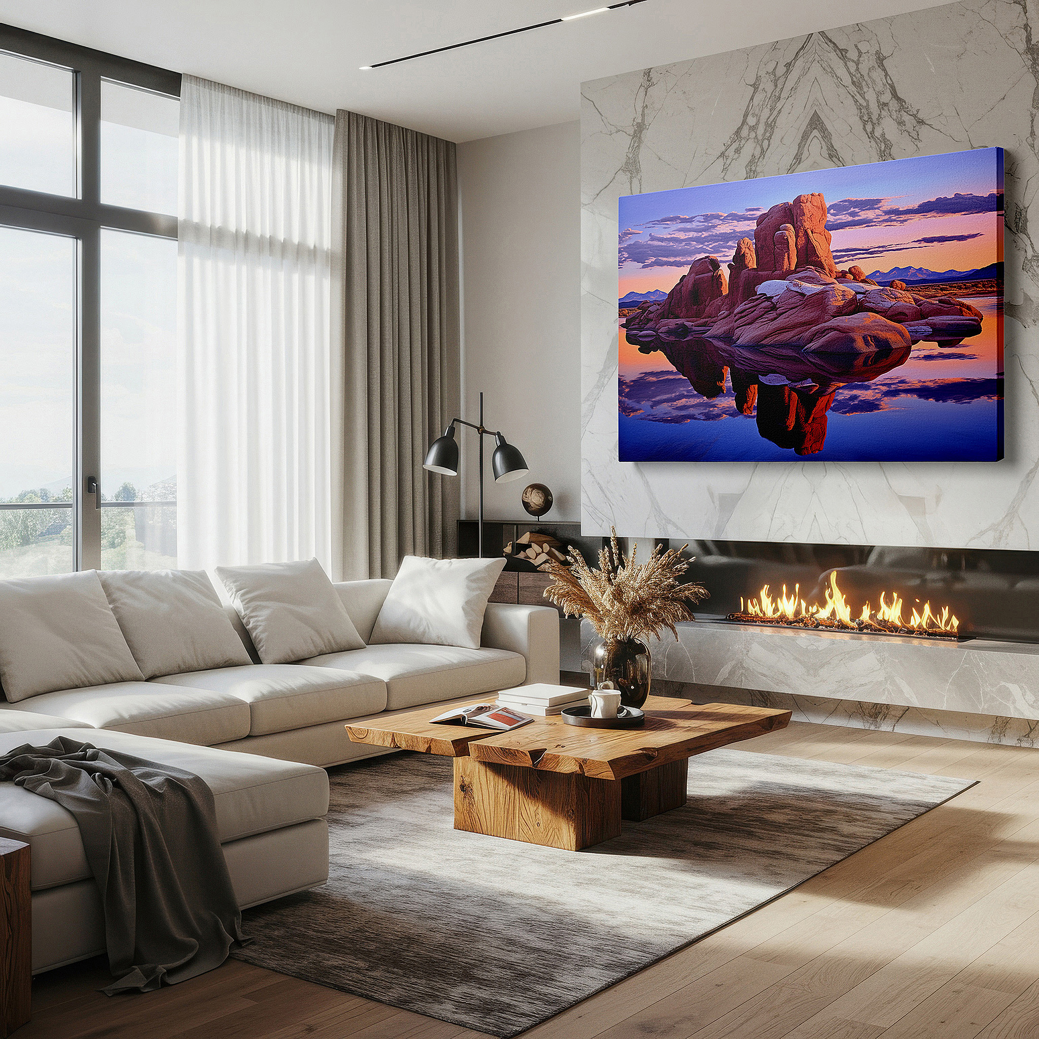 Hung in a cozy reading nook beside a floor lamp and bookshelf — serene lake at majestic dusk with towering rock formations reflecting the sunset's glow - large canvas wall art for office decor