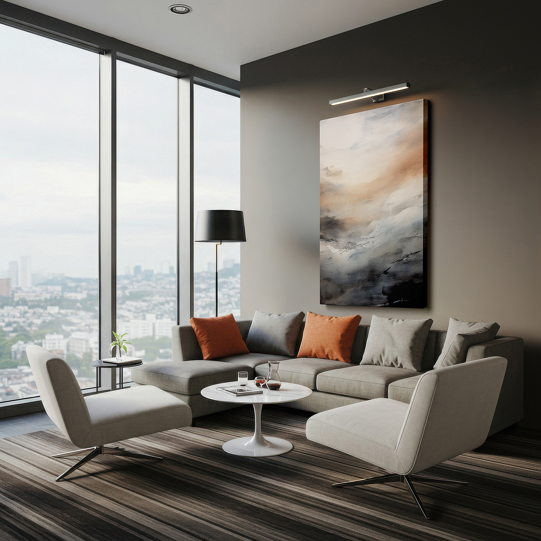 Hung in a cozy reading nook beside a floor lamp and bookshelf — serene monochromatic landscape: peaceful natural scene for reflection - large canvas wall art for office and bedroom decor
