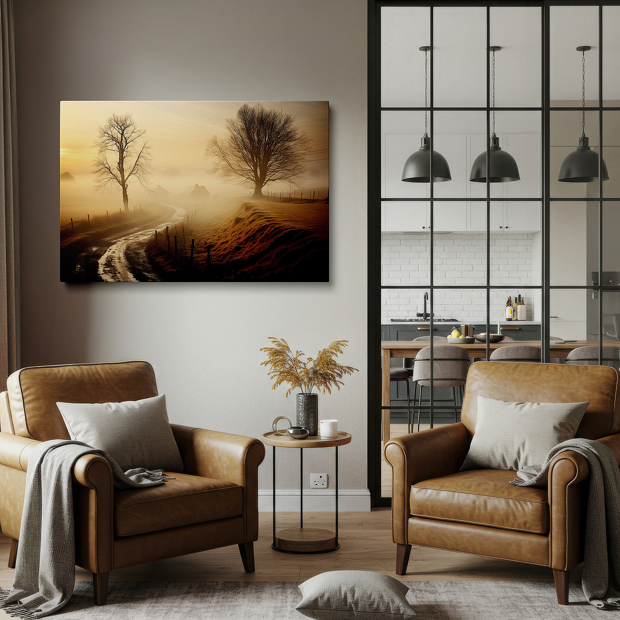 Hung in a cozy reading nook beside a floor lamp and bookshelf — serene morning mist and golden sunrise over tranquil rural landscape, large canvas wall art