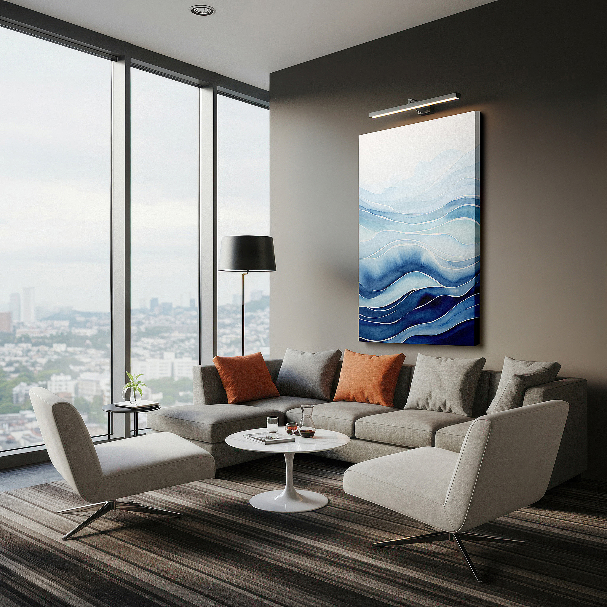 Hung in a cozy reading nook beside a floor lamp and bookshelf — serene ocean waves in soft blue hues, large tranquil wall art, canvas decor for office and bedroom