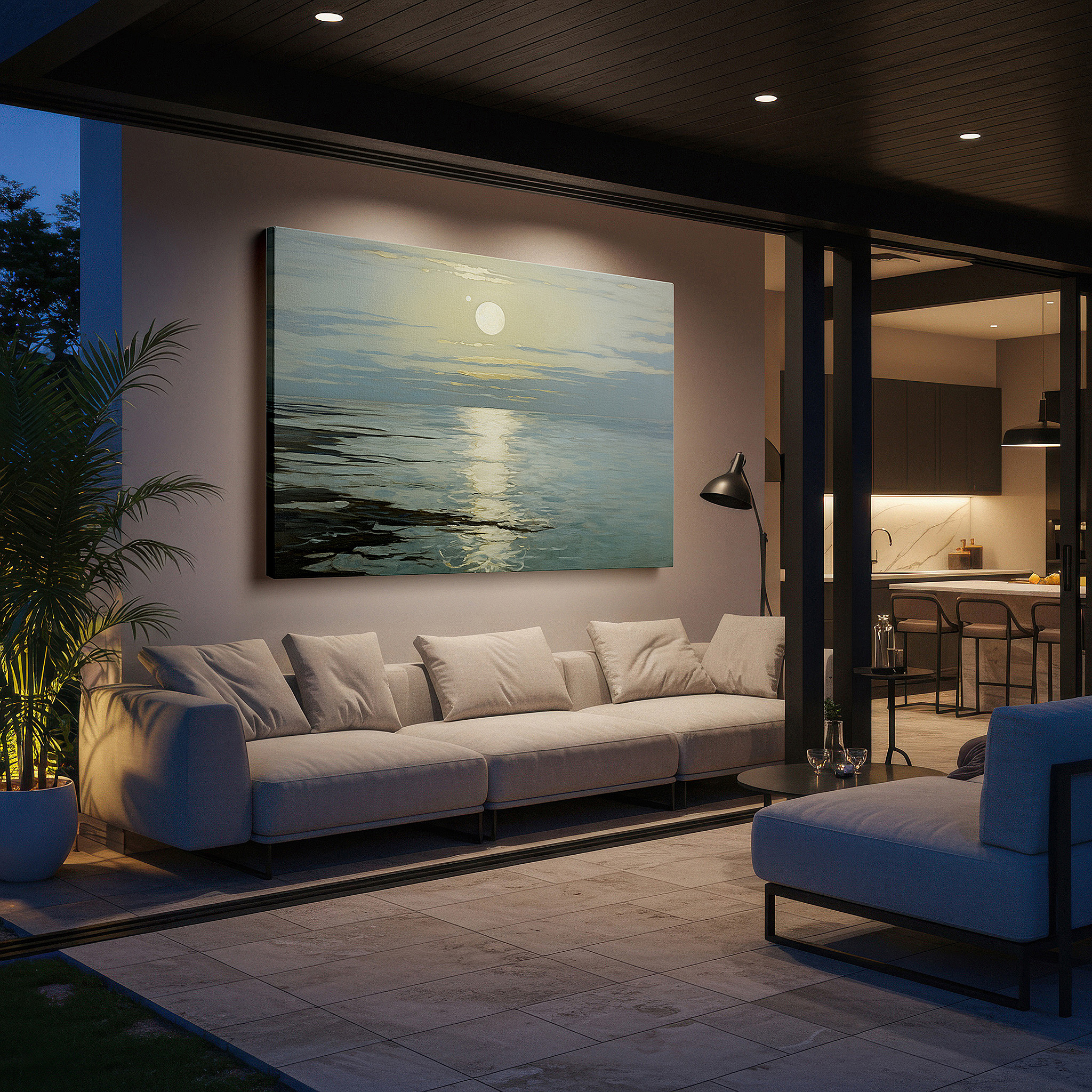 Hung in a cozy reading nook beside a floor lamp and bookshelf — serene seascape featuring gentle sunset reflections on calm ocean waters - large canvas wall art for office and bedroom decor
