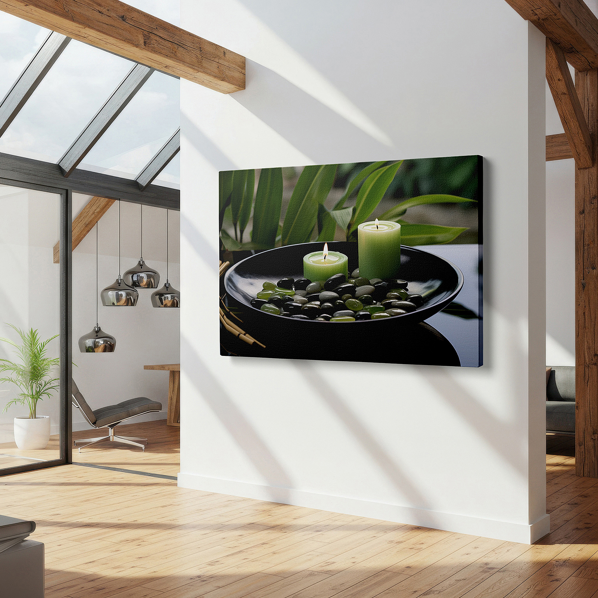 Hung in a cozy reading nook beside a floor lamp and bookshelf — serene stones and candles surrounded by lush greenery, tranquil still life wall art, large canvas decor for office and bedroom