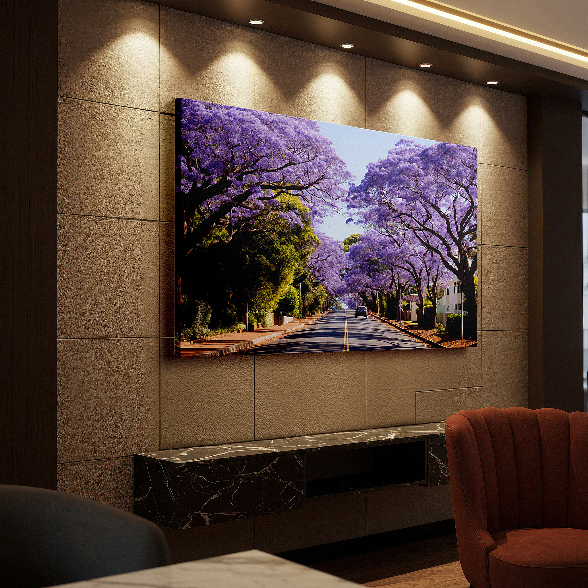 Hung in a cozy reading nook beside a floor lamp and bookshelf — serene street adorned with majestic jacaranda trees in bloom, featuring vibrant purple and lush greenery, large canvas wall art