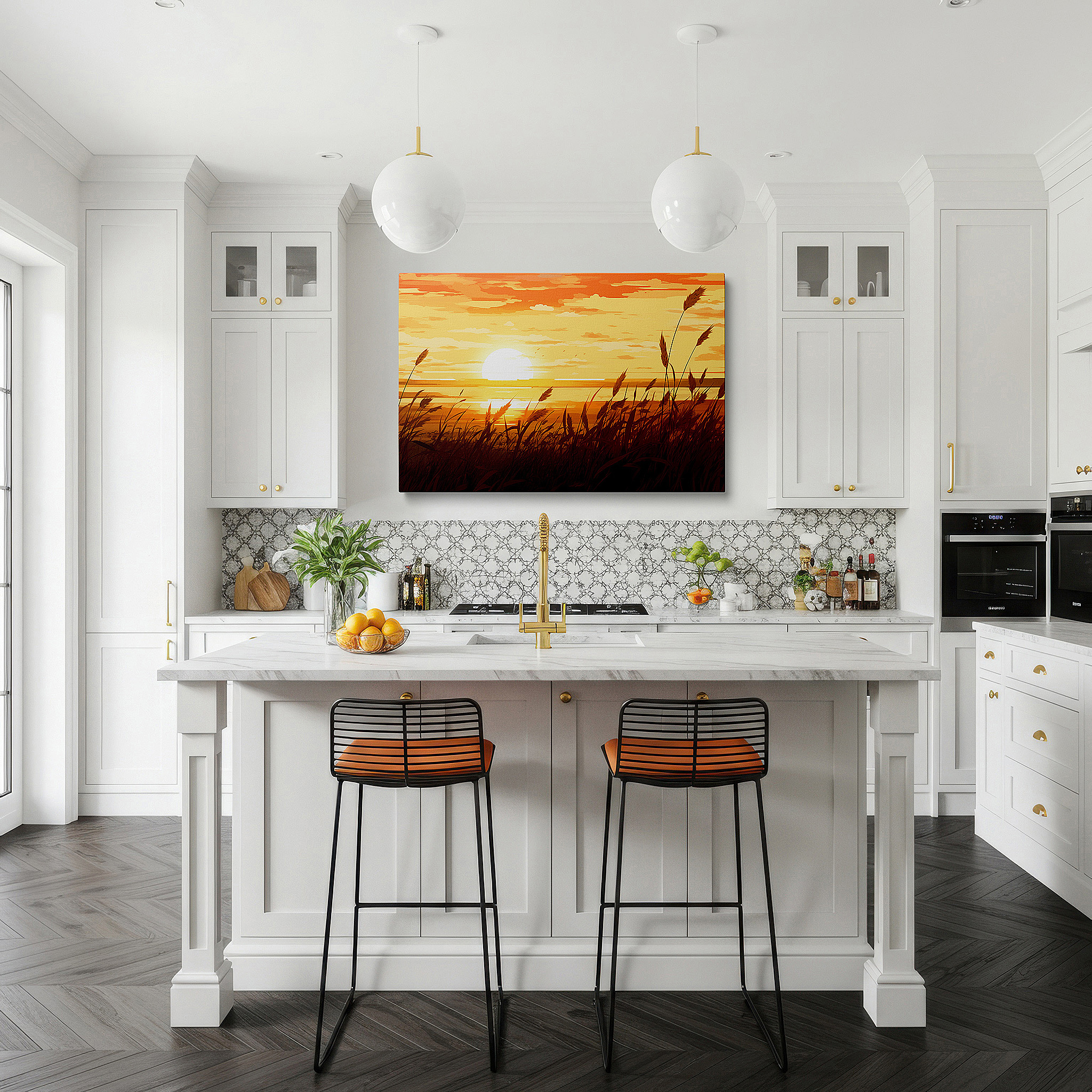 Hung in a cozy reading nook beside a floor lamp and bookshelf — serene sunset amidst tall grasses and tranquil waters: a stunning exhibition of natural splendor - large wall art, canvas wall art, wall decor for offices