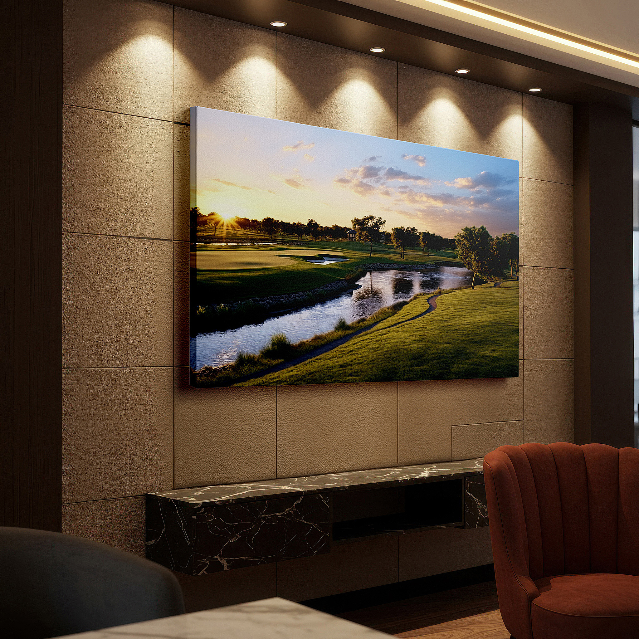 Hung in a cozy reading nook beside a floor lamp and bookshelf — serene sunset golf course, tranquil landscape with lush greenery and radiant skies, large canvas wall art decor for office