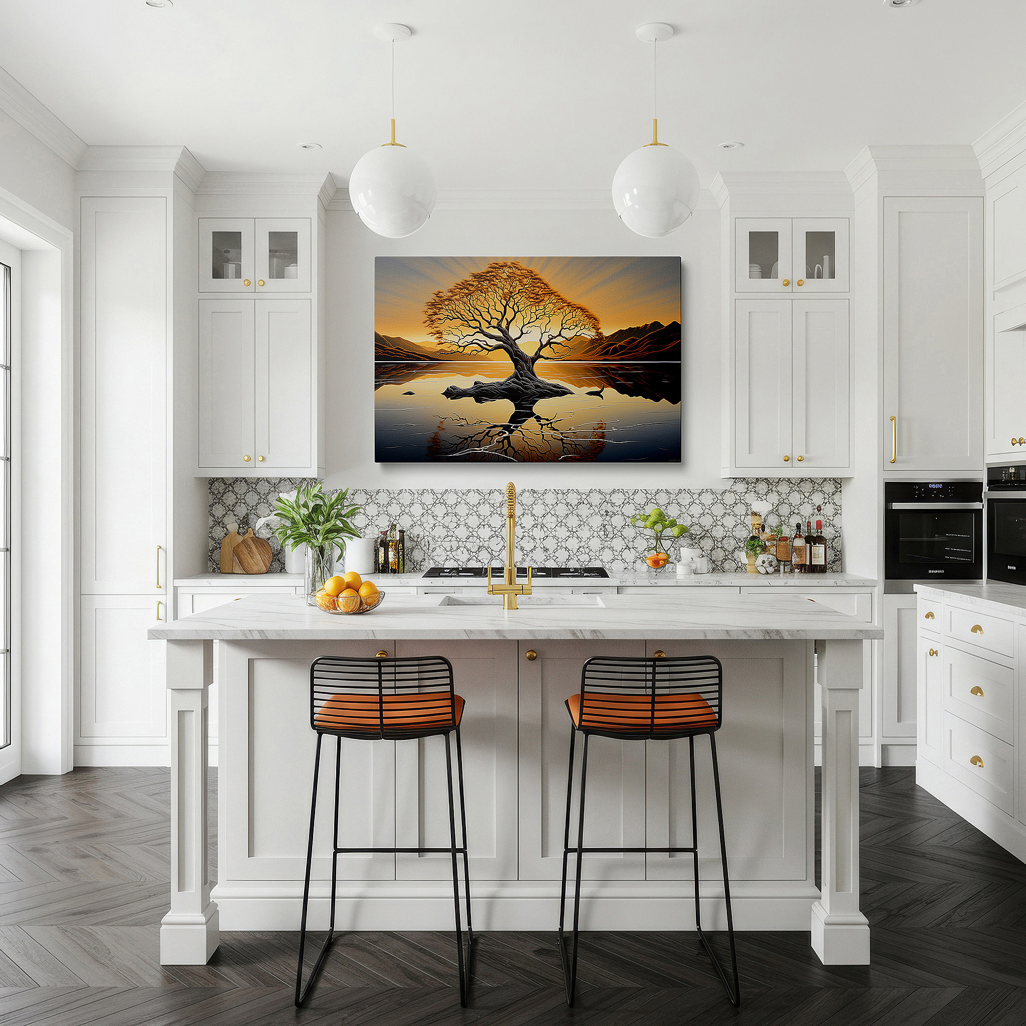Hung in a cozy reading nook beside a floor lamp and bookshelf — serene sunset and solitary tree reflection - peaceful scenery large wall art, canvas wall art, decorative wall art for office and bedroom