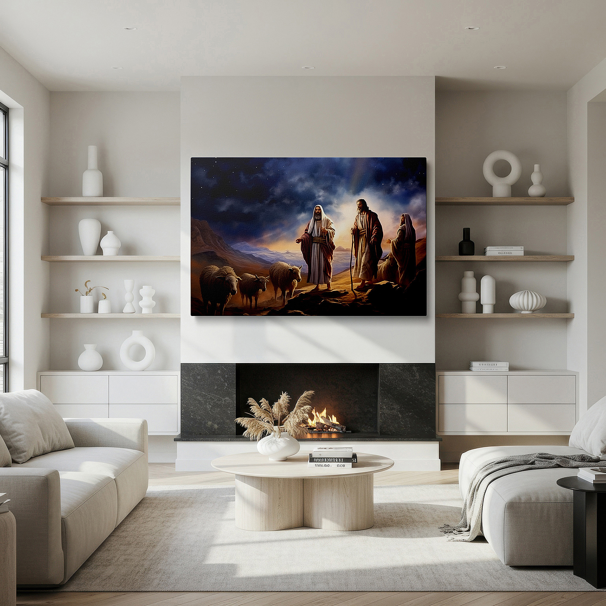 Hung in a cozy reading nook beside a floor lamp and bookshelf — shepherd's guidance in a twilight valley wall art: serene landscape of companionship and wisdom - large canvas wall art for home and office decor