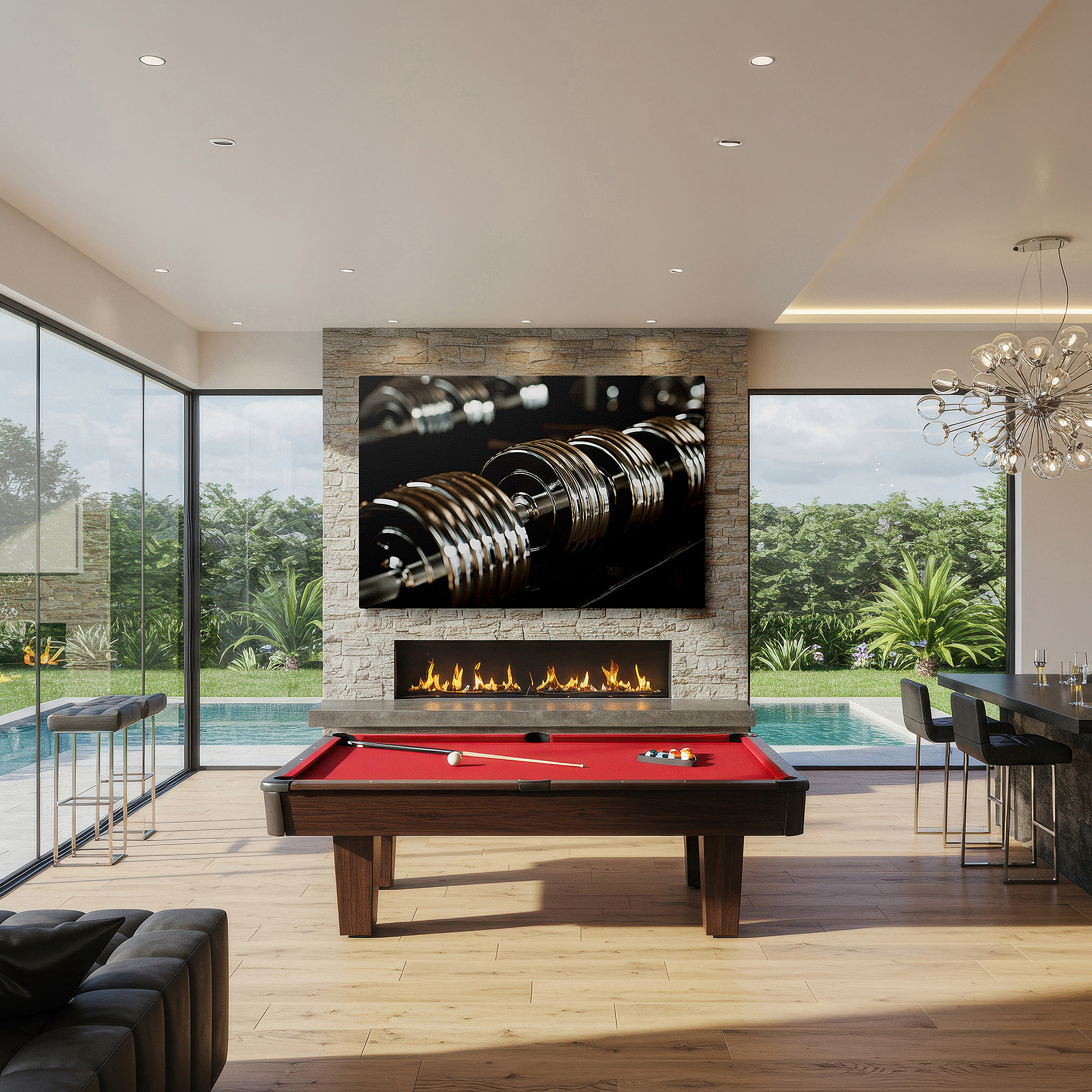 Hung in a cozy reading nook beside a floor lamp and bookshelf — shiny dumbbells showcased - emblematic of discipline and advancement in fitness, large wall art, canvas wall art, wall decor for office and bedroom