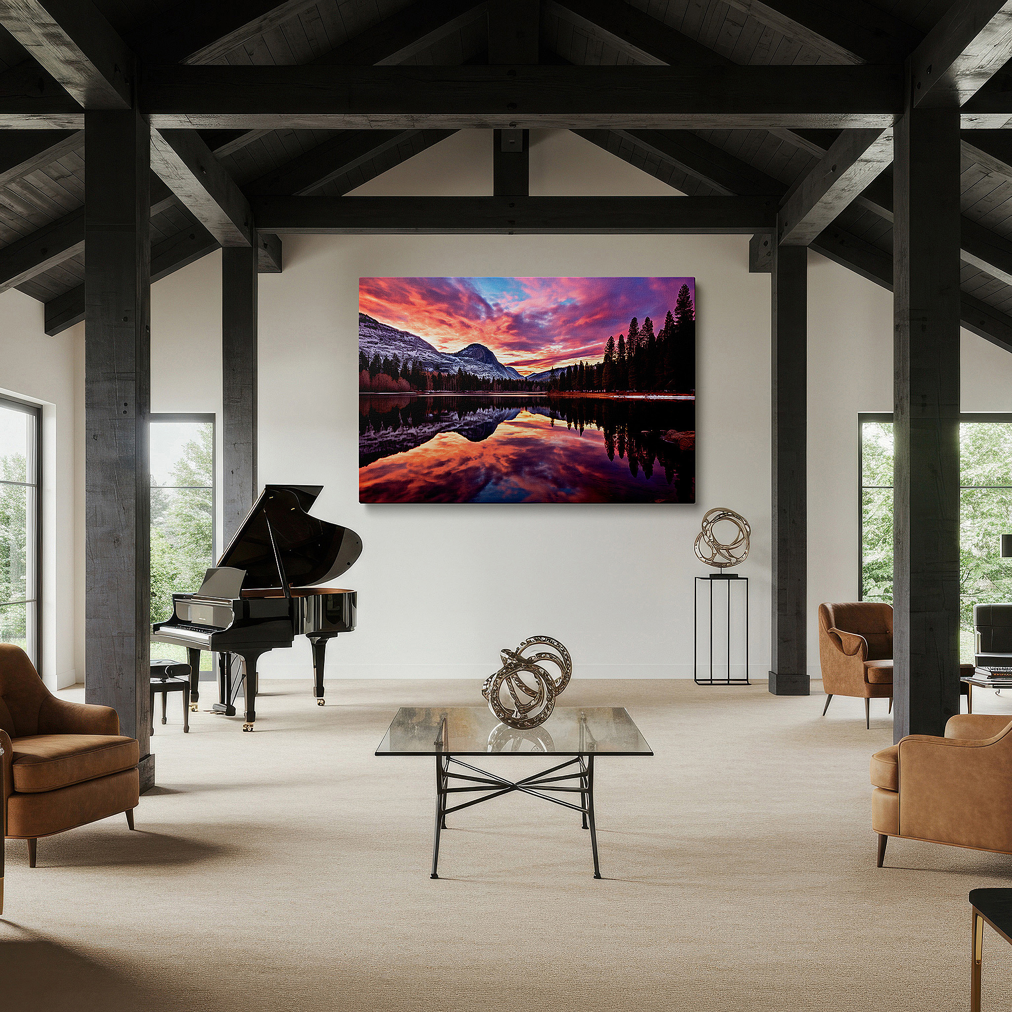 Hung in a cozy reading nook beside a floor lamp and bookshelf — snow-capped peaks and reflective lake at dawn large canvas wall art for office, bedroom, and living room decor