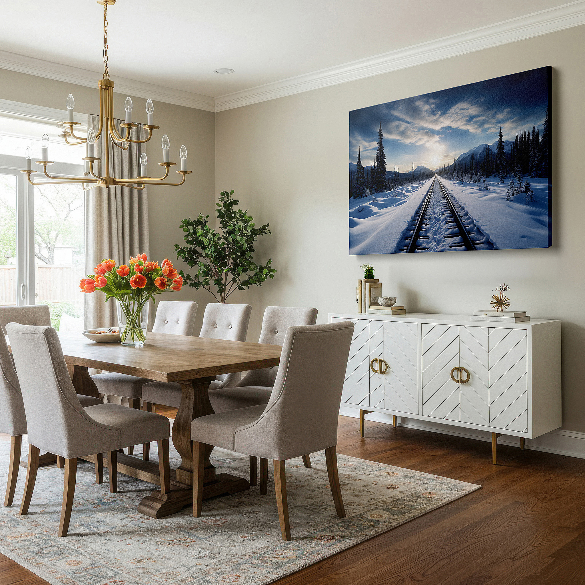 Hung in a cozy reading nook beside a floor lamp and bookshelf — snow-covered train tracks with majestic mountains in a serene winter scene large wall art, canvas wall art, wall decor for office