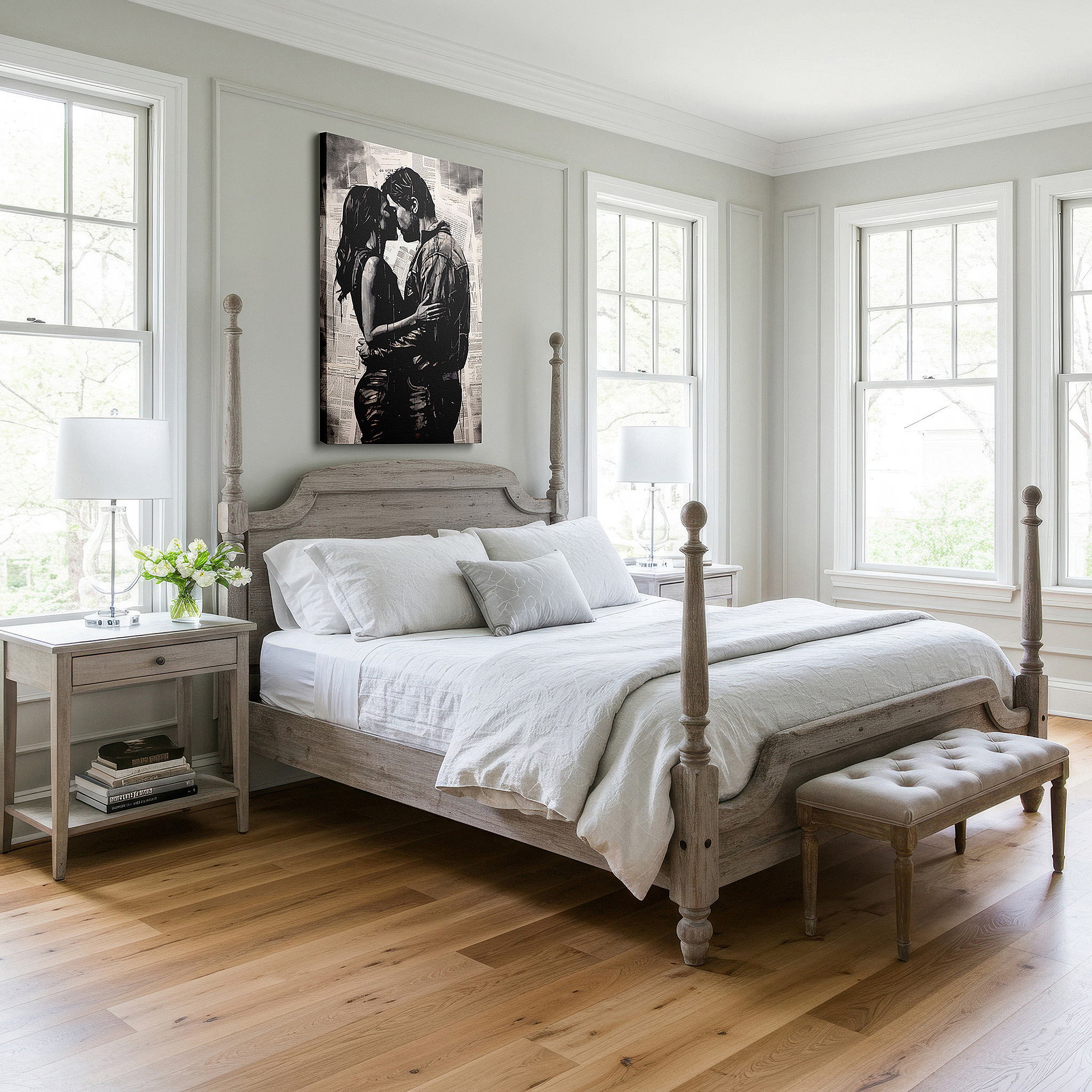 Hung in a cozy reading nook beside a floor lamp and bookshelf — societal chaos and intimate embrace - a monochrome masterpiece depicting love and resilience, large wall art, canvas wall art, wall decor