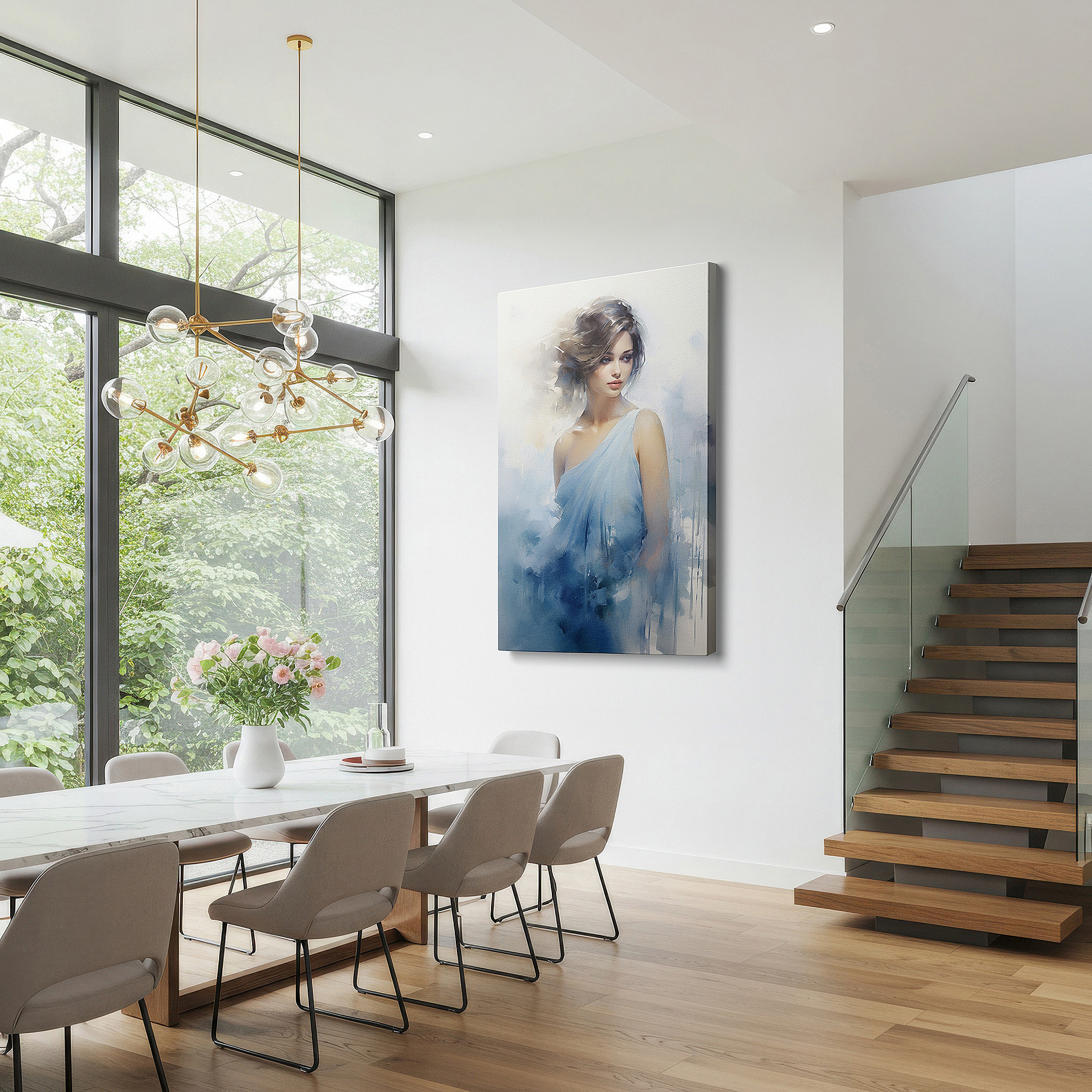 Hung in a cozy reading nook beside a floor lamp and bookshelf — soft blue tranquility - serene woman in elegant flow, large wall art, canvas wall art, wall decor for office and bedroom