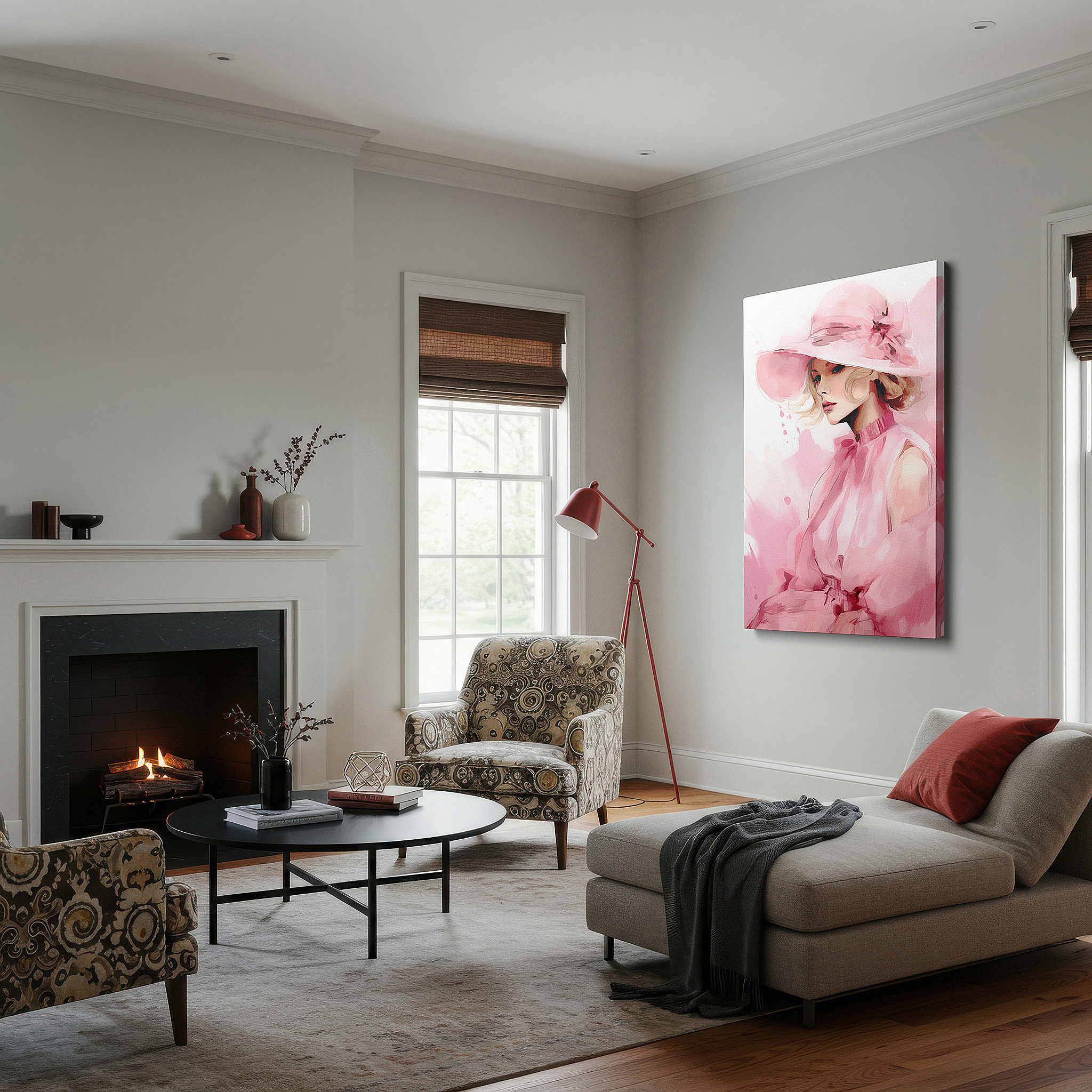 Hung in a cozy reading nook beside a floor lamp and bookshelf — soft hues of elegance in pink: a serene modern womanhood portrait - large wall art, canvas wall art, wall decor for office and bedroom