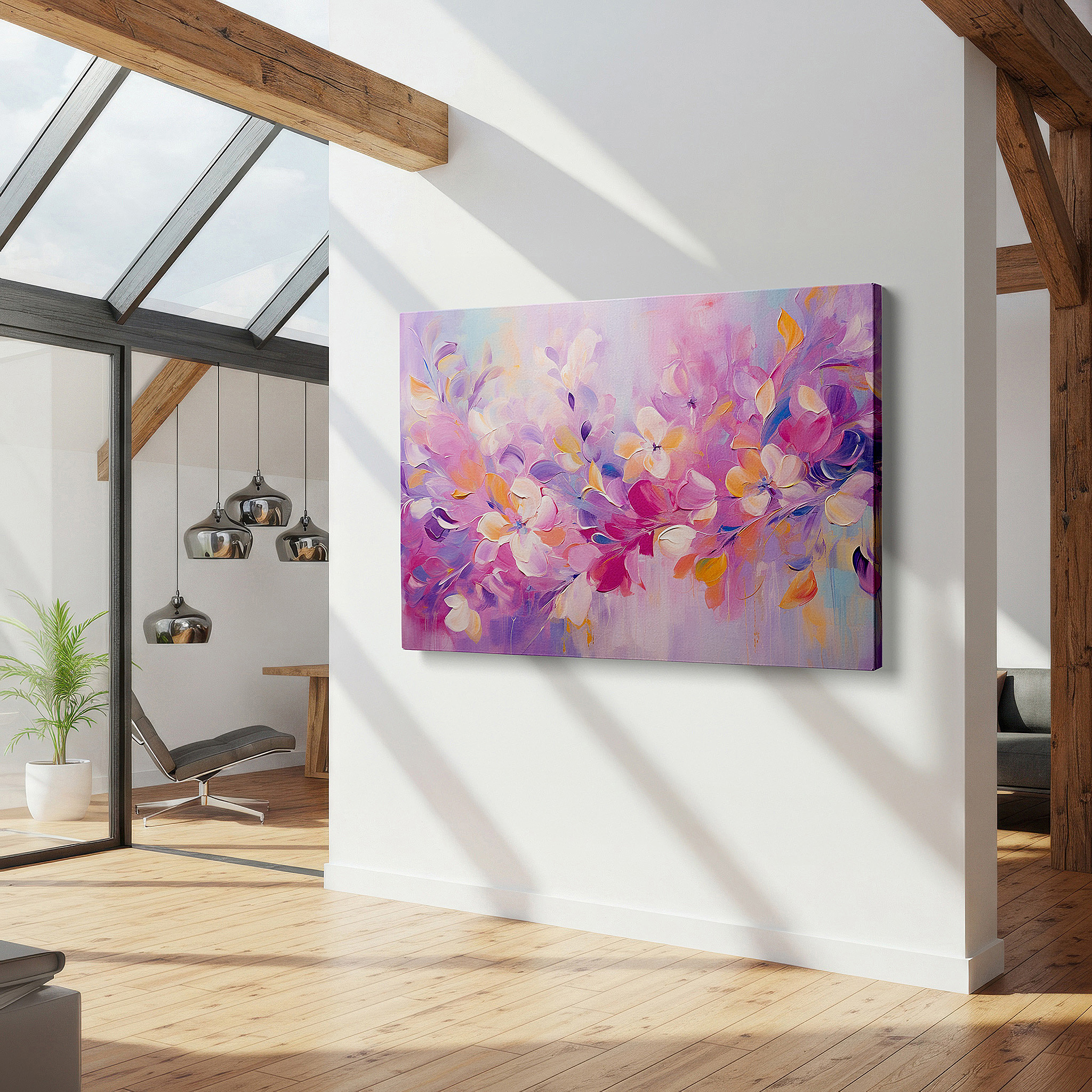 Hung in a cozy reading nook beside a floor lamp and bookshelf — soft pink and purple delicate blossom symphony large wall art, canvas wall art, wall decor for office and bedroom