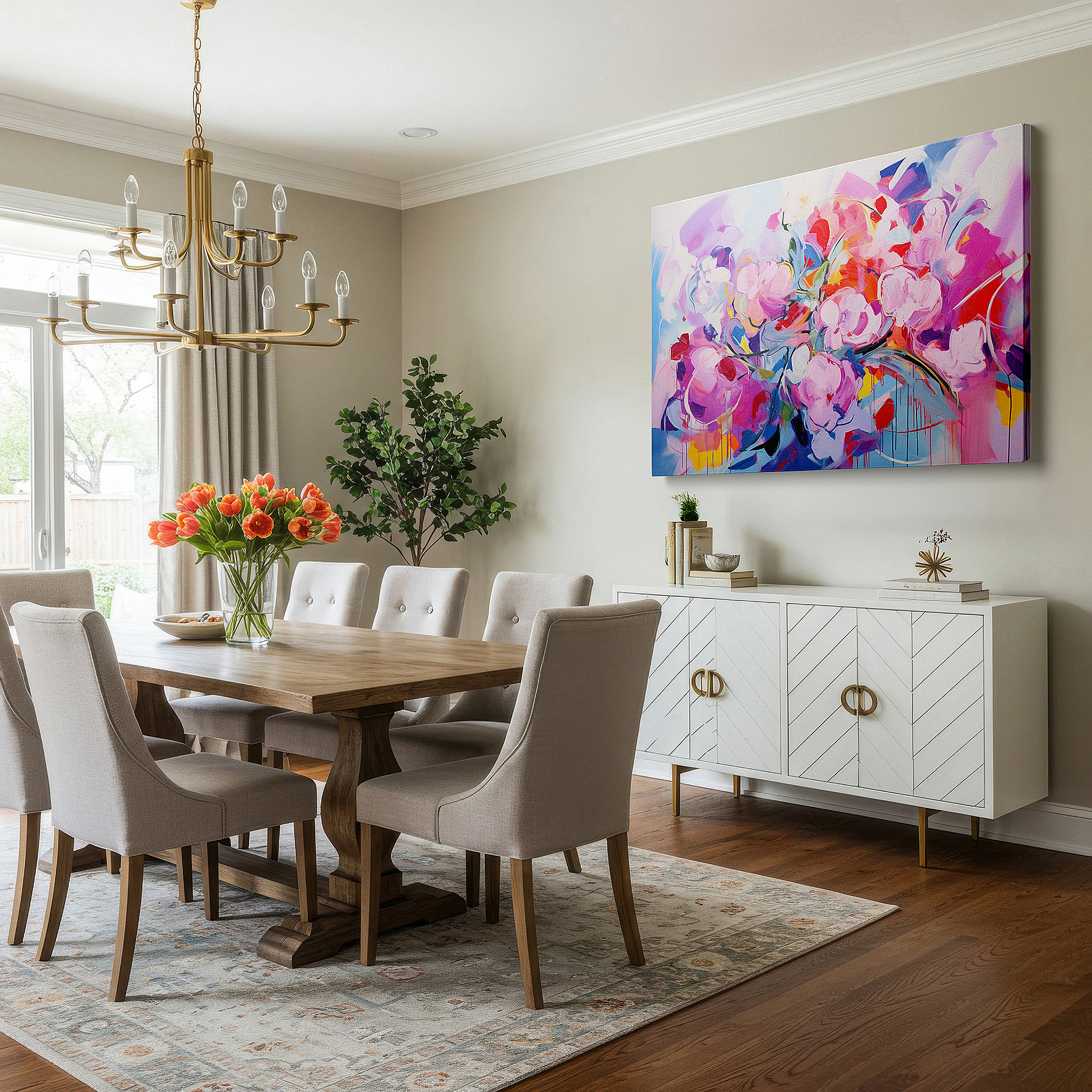 Hung in a cozy reading nook beside a floor lamp and bookshelf — springtime blossoms in pink and blue: serene and bright large wall art, canvas decor for office and bedroom