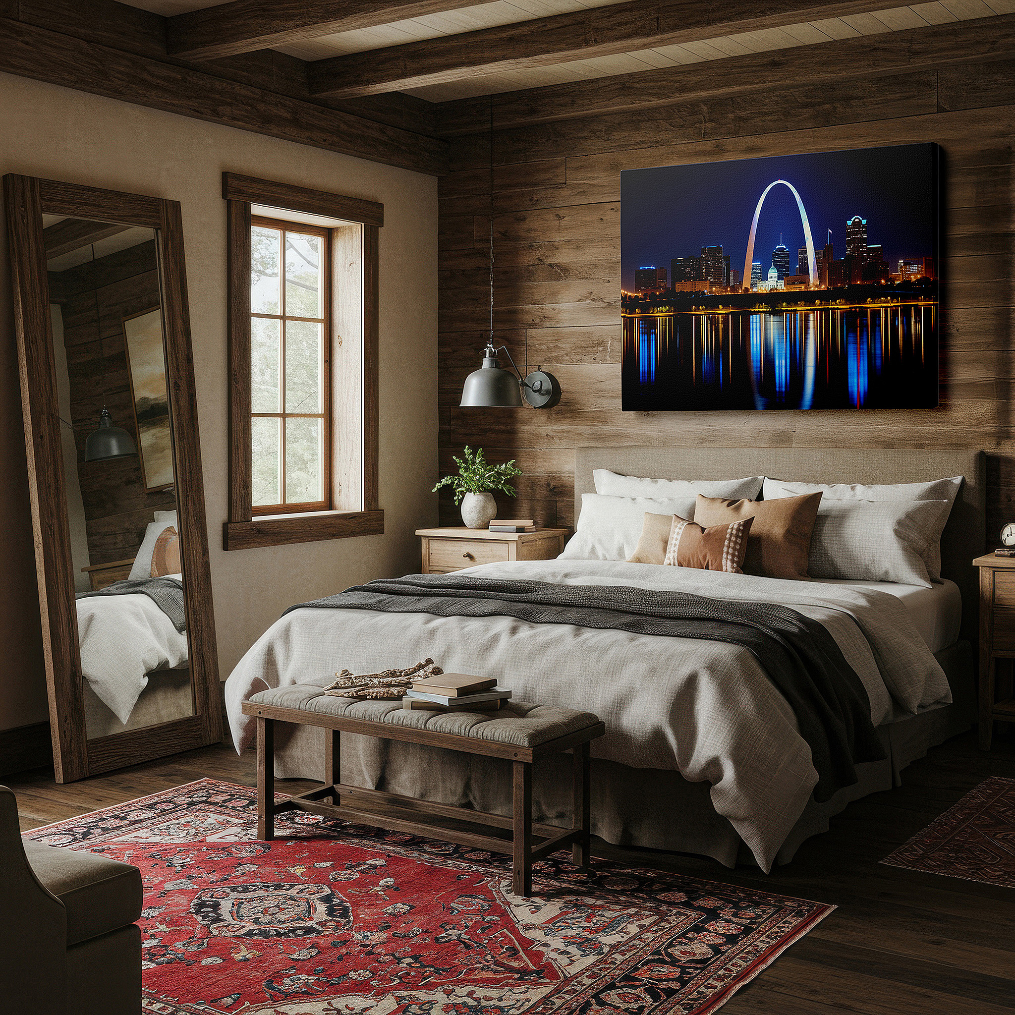 Hung in a cozy reading nook beside a floor lamp and bookshelf — starry night over gateway arch - st. louis's architectural wonder large wall art, canvas print, home and office decor