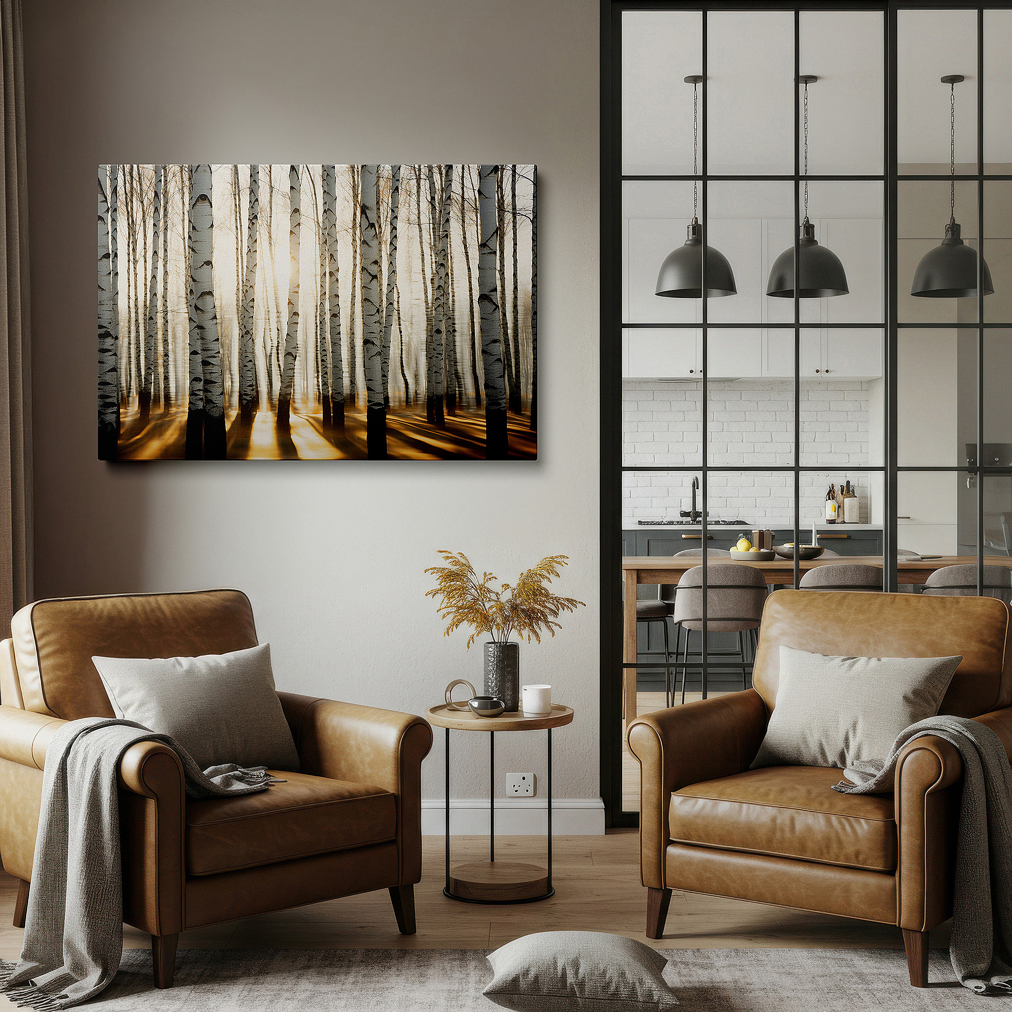 Hung in a cozy reading nook beside a floor lamp and bookshelf — sunlit enchanted birch forest, tranquil woodland retreat large wall art, canvas wall art, wall decor for office
