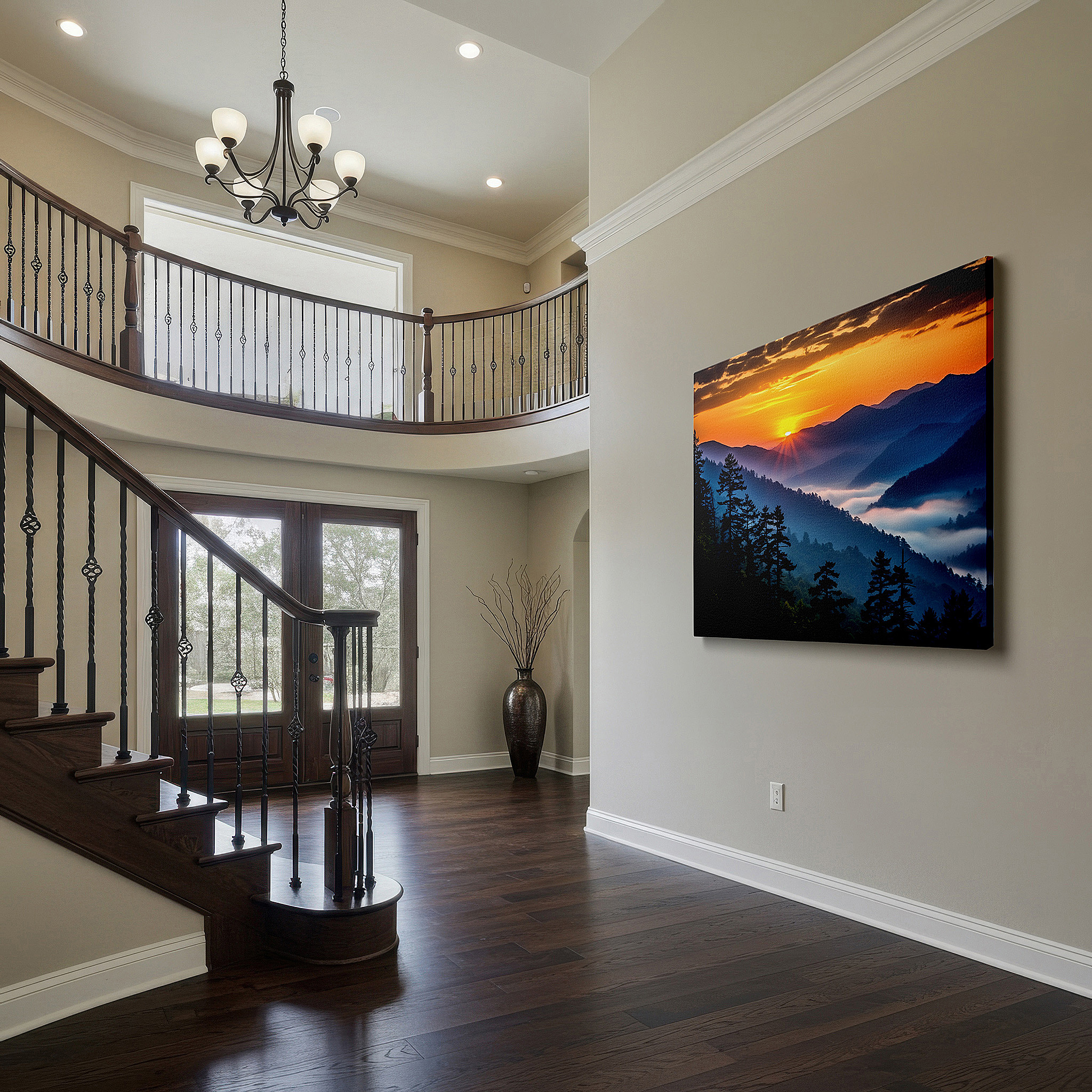 Hung in a cozy reading nook beside a floor lamp and bookshelf — sunrise over misty valley wall art: majestic mountains and silhouetted evergreens - large canvas for office or bedroom decor