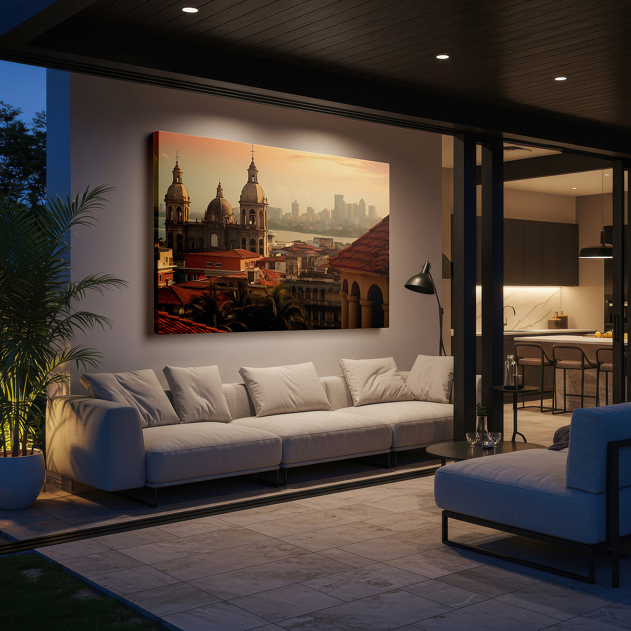 Hung in a cozy reading nook beside a floor lamp and bookshelf — sunset over cathedral and cityscape - blending timeless architecture with modern development, large canvas wall art for office decor