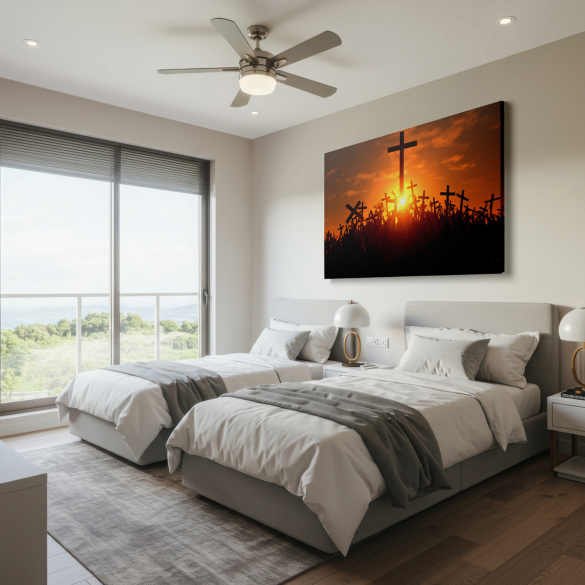 Hung in a cozy reading nook beside a floor lamp and bookshelf — sunset gathering wall art: faith, unity, and renewal in warm hues - large canvas for office, bedroom, and living room decor
