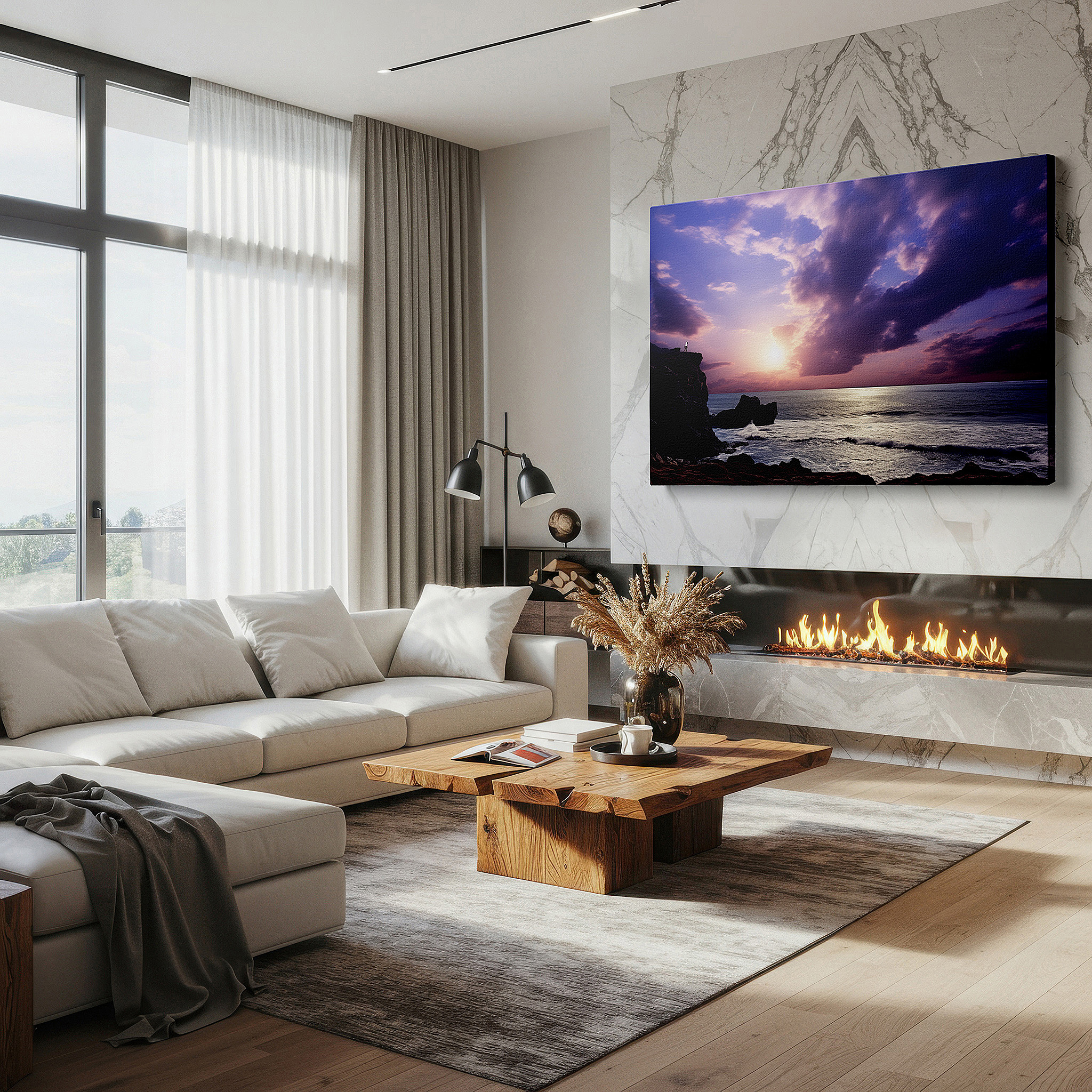 Hung in a cozy reading nook beside a floor lamp and bookshelf — sunset over ocean: serene sanctuary with fiery skies and whispering waves - large canvas wall art for home and office decor