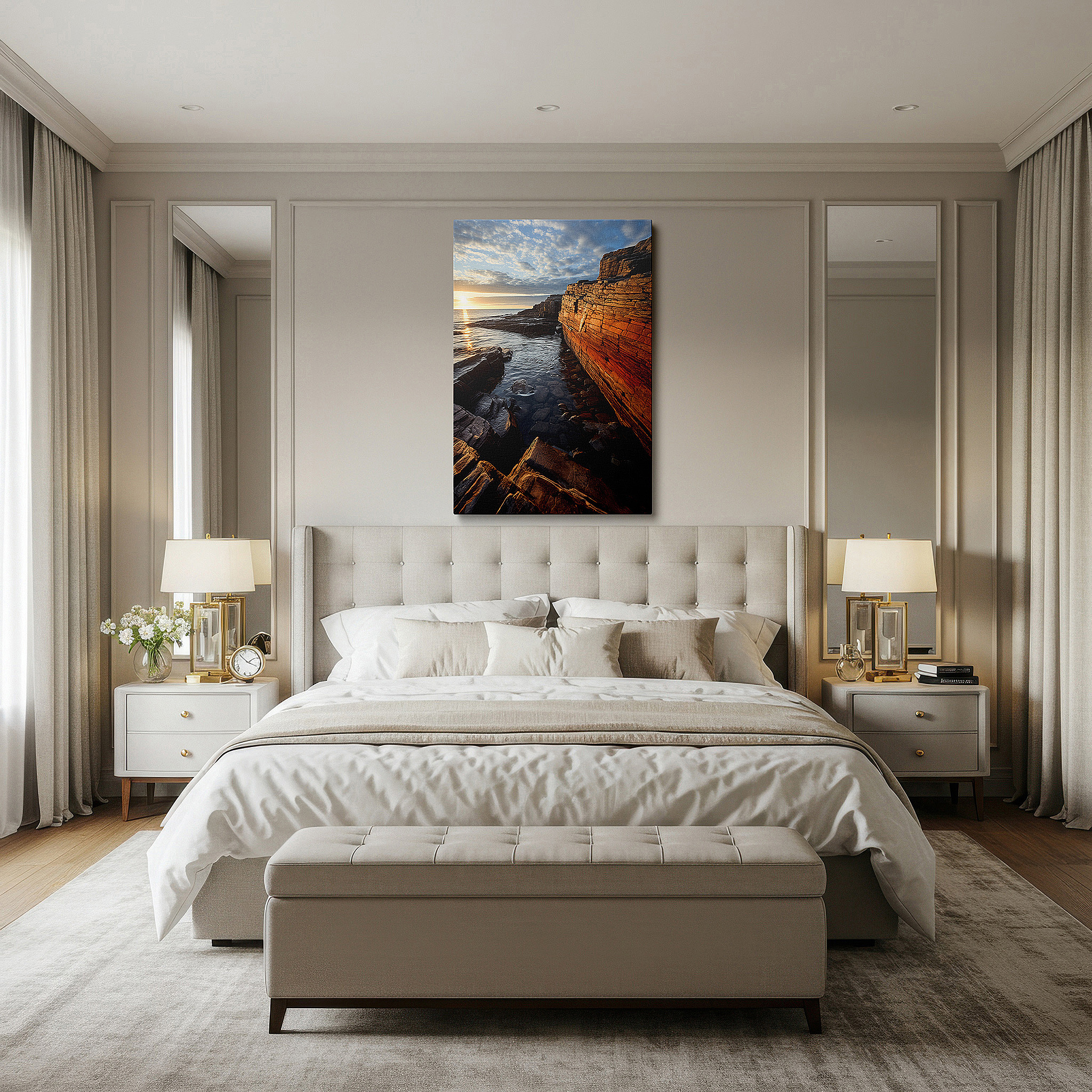 Hung in a cozy reading nook beside a floor lamp and bookshelf — sunset serenade wall art: majestic cliffs and serene waters - large canvas for office or bedroom decor