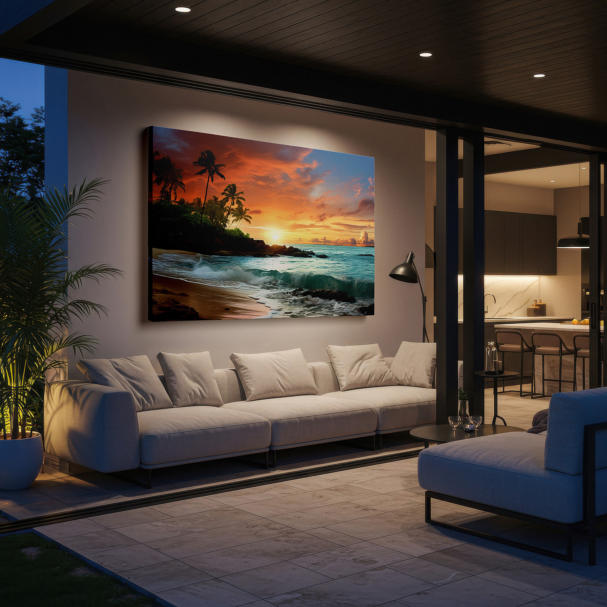 Hung in a cozy reading nook beside a floor lamp and bookshelf — sunset serenity on a pristine beach with whispering waves and vibrant skies: large canvas wall art for office and bedroom decor