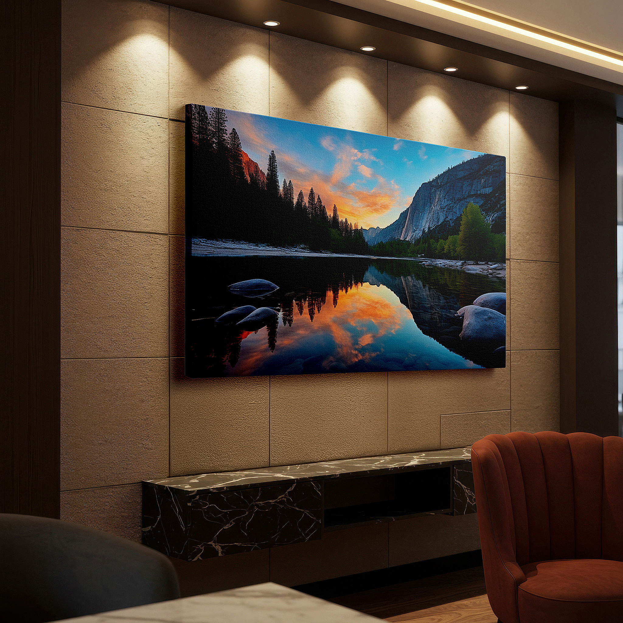 Hung in a cozy reading nook beside a floor lamp and bookshelf — sunset serenity over tranquil mountain lake: large canvas wall art depicting nature's peaceful grandeur for home and office decor