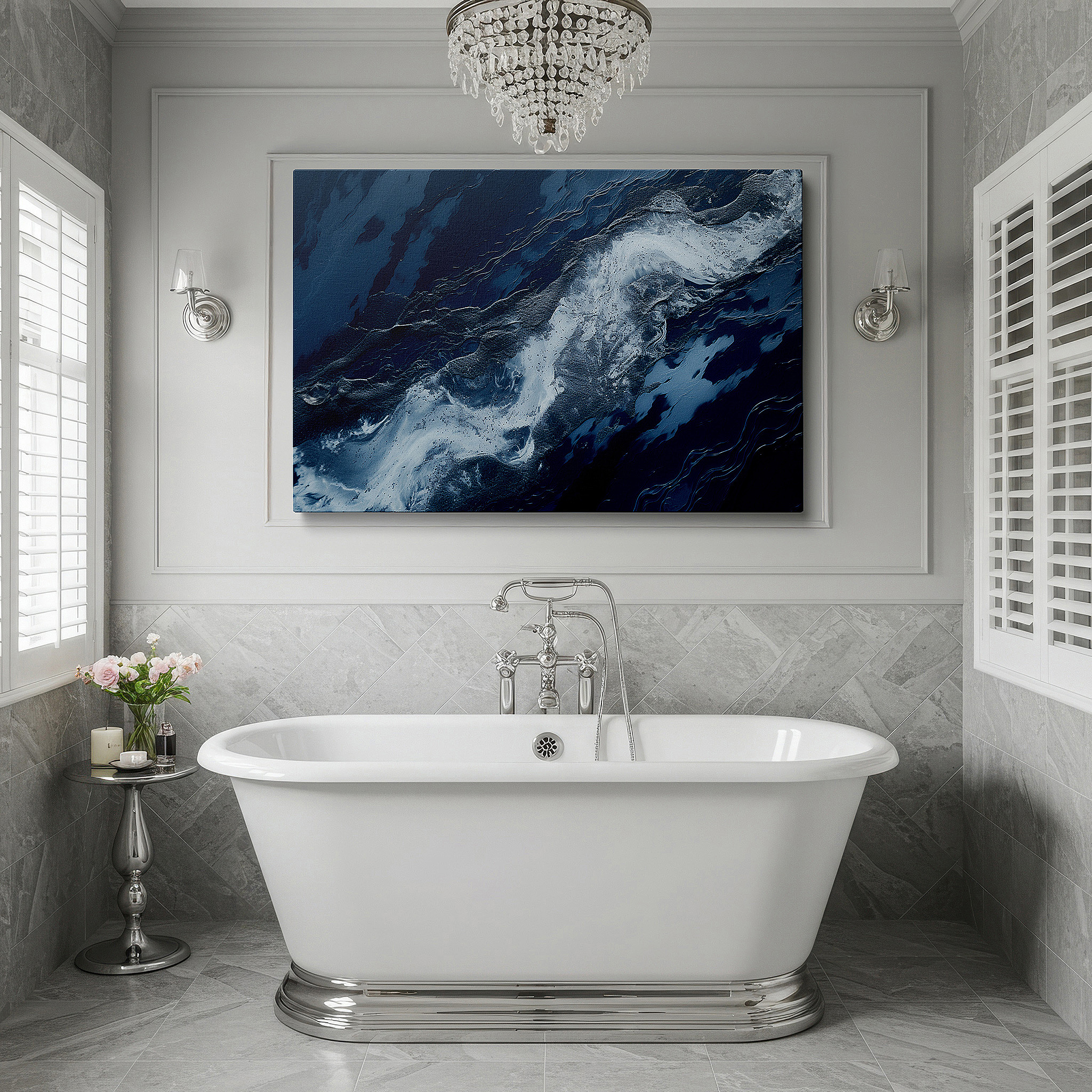 Hung in a cozy reading nook beside a floor lamp and bookshelf — swirling ocean currents and serene blues aerial dance large wall art, canvas wall decor for office, bedroom, and living room