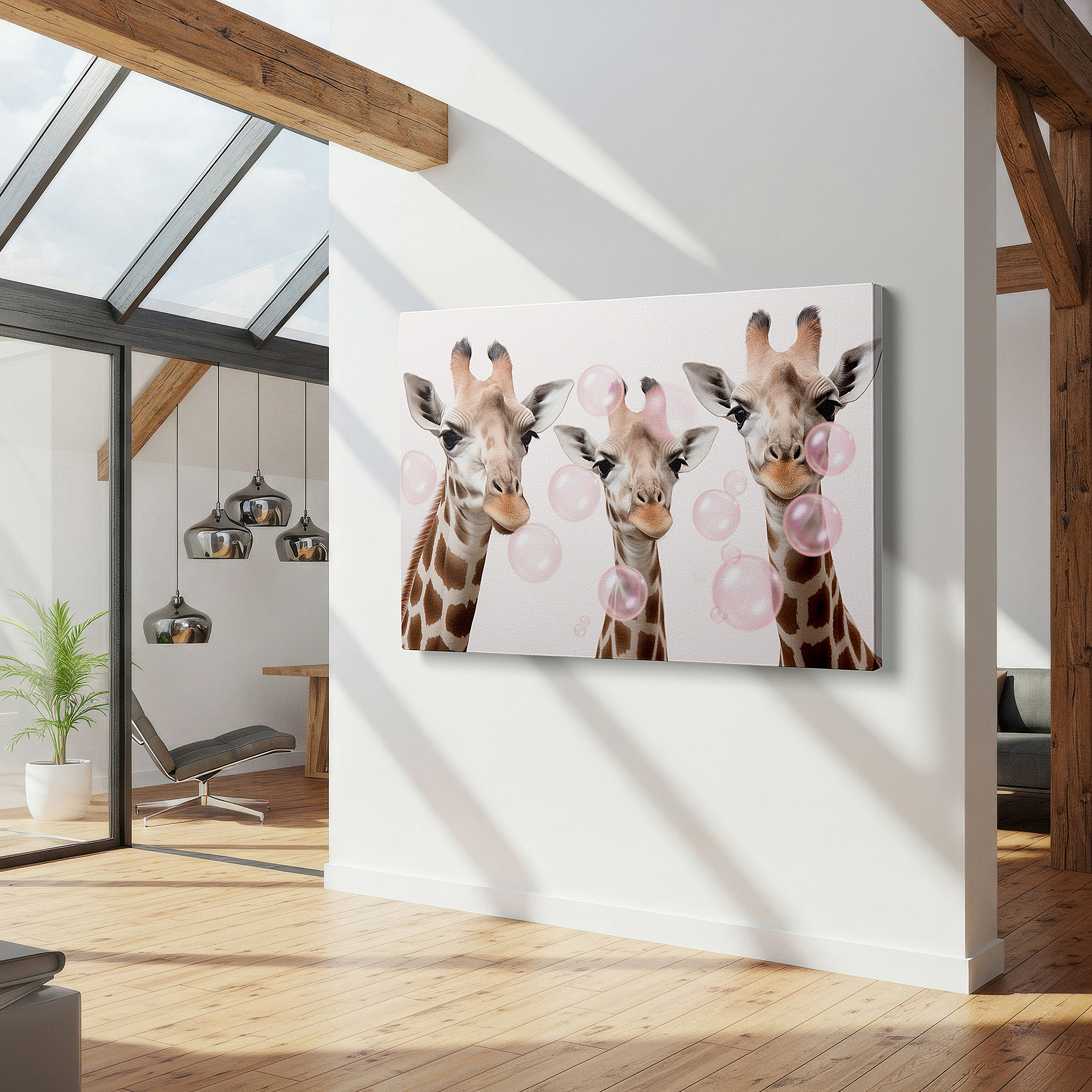 Hung in a cozy reading nook beside a floor lamp and bookshelf — three joyful giraffes among sparkling bubbles, whimsical delight large wall art, canvas wall art, wall decor for office and bedroom