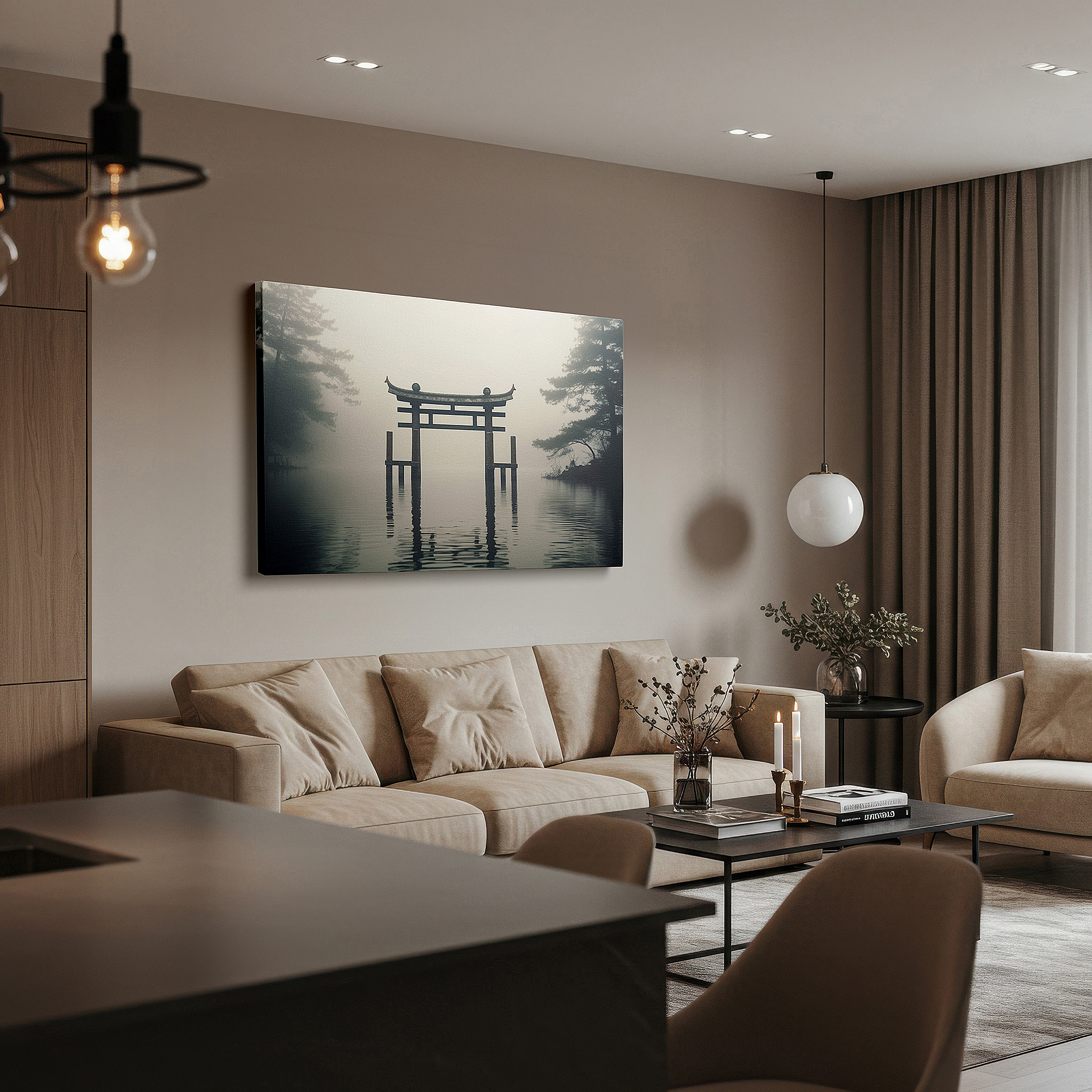 Hung in a cozy reading nook beside a floor lamp and bookshelf — torii gate in misty waters wall art: symbolizing tranquility and sacred transition - large canvas for home or office decor