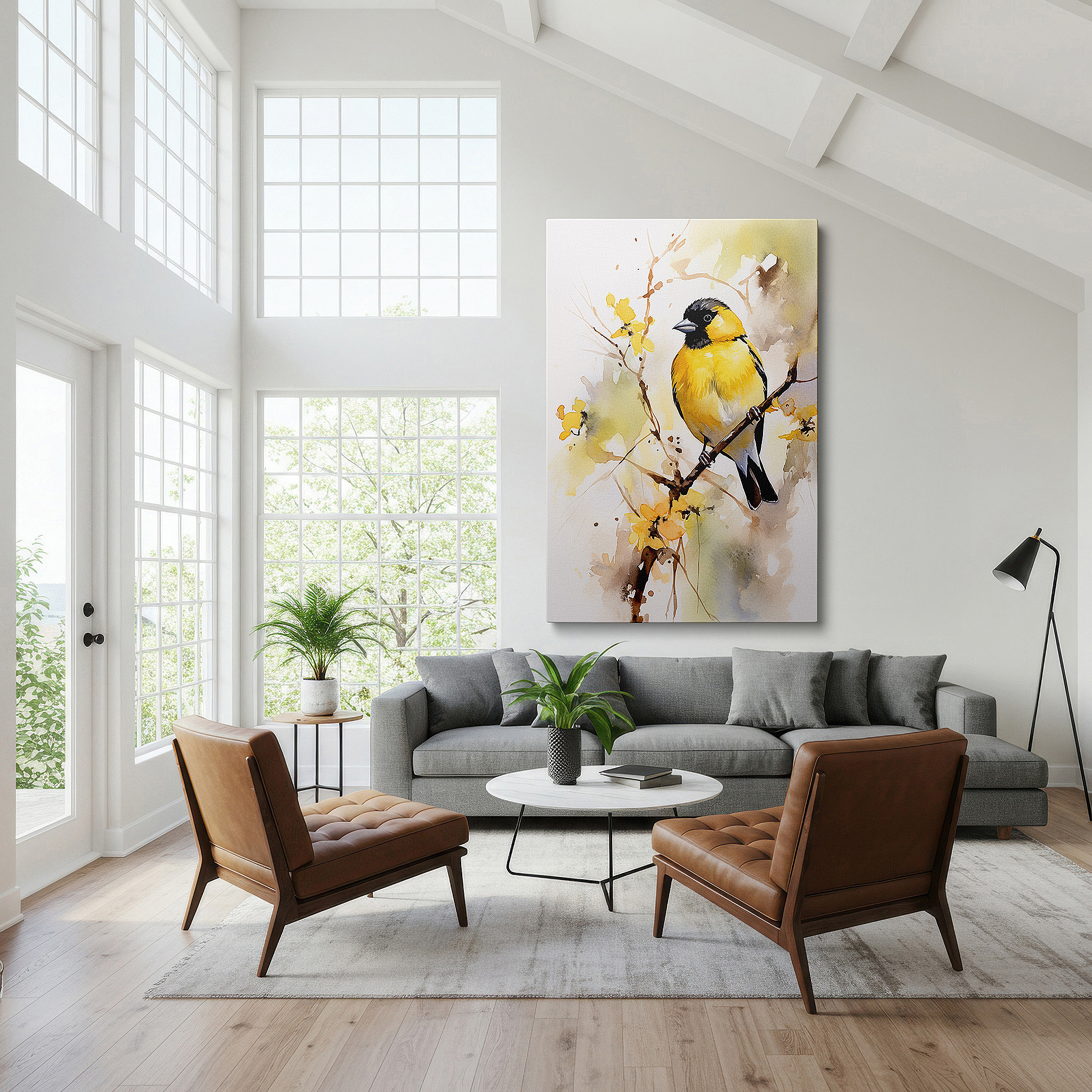 Hung in a cozy reading nook beside a floor lamp and bookshelf — tranquil dawn light featuring serene yellow bird on blossoming branch - large canvas wall art for office decor