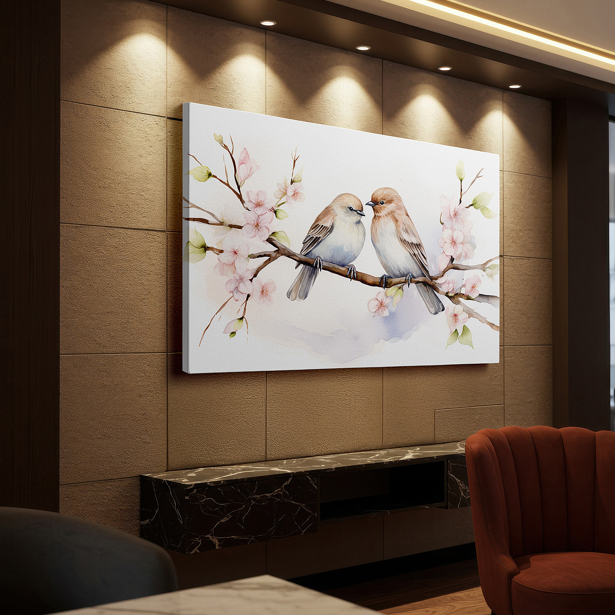 Hung in a cozy reading nook beside a floor lamp and bookshelf — tranquil spring scene with birds on blossoming branches, serene nature large wall art, canvas wall decor for office