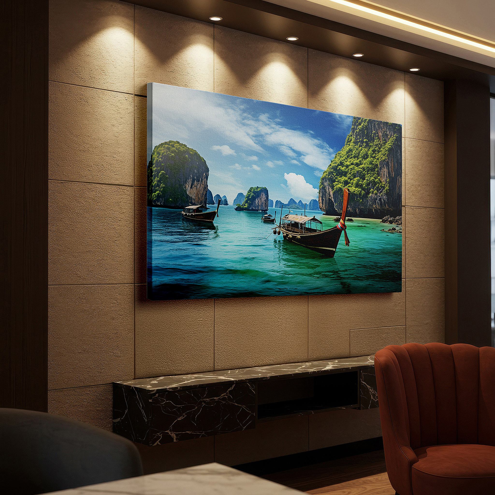 Hung in a cozy reading nook beside a floor lamp and bookshelf — tropical paradise canvas: serene waters and majestic limestone cliffs - large wall art for office and bedroom decor