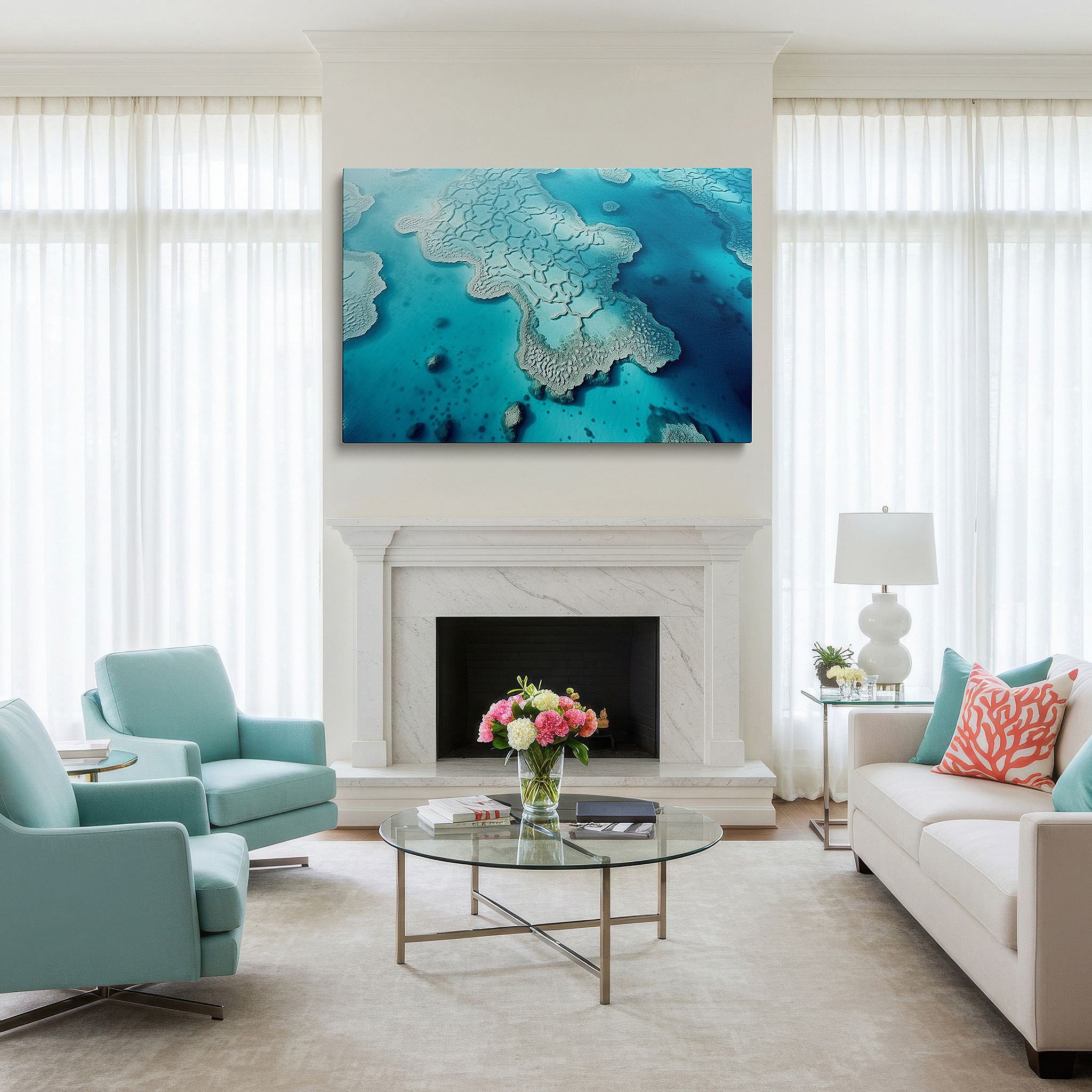 Hung in a cozy reading nook beside a floor lamp and bookshelf — turquoise waters aerial coral reef symphony: celebrating marine biodiversity with large canvas wall art for office decor
